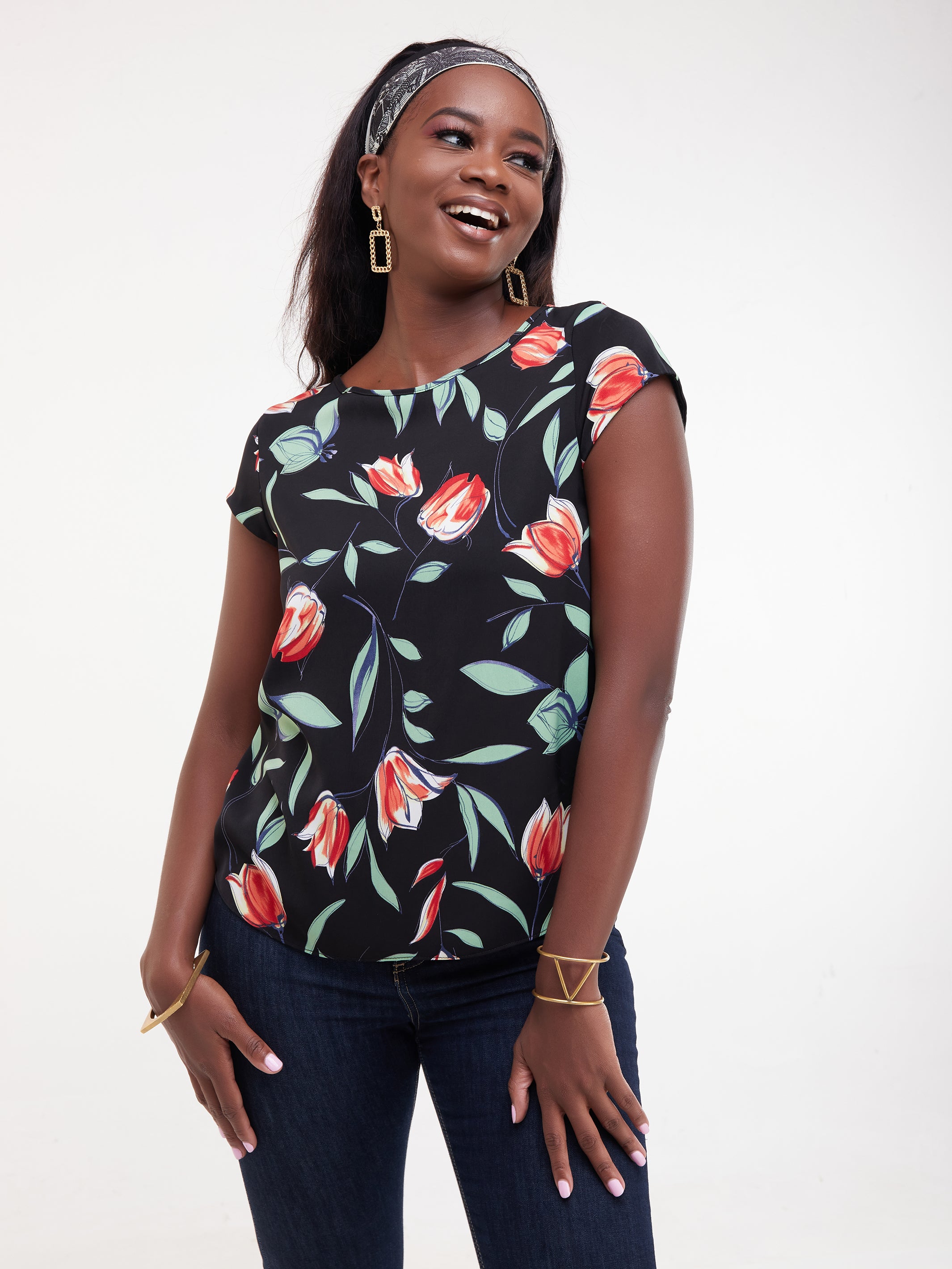 Vivo Basic Crepe Cap Sleeved Top - Navy / Red Print