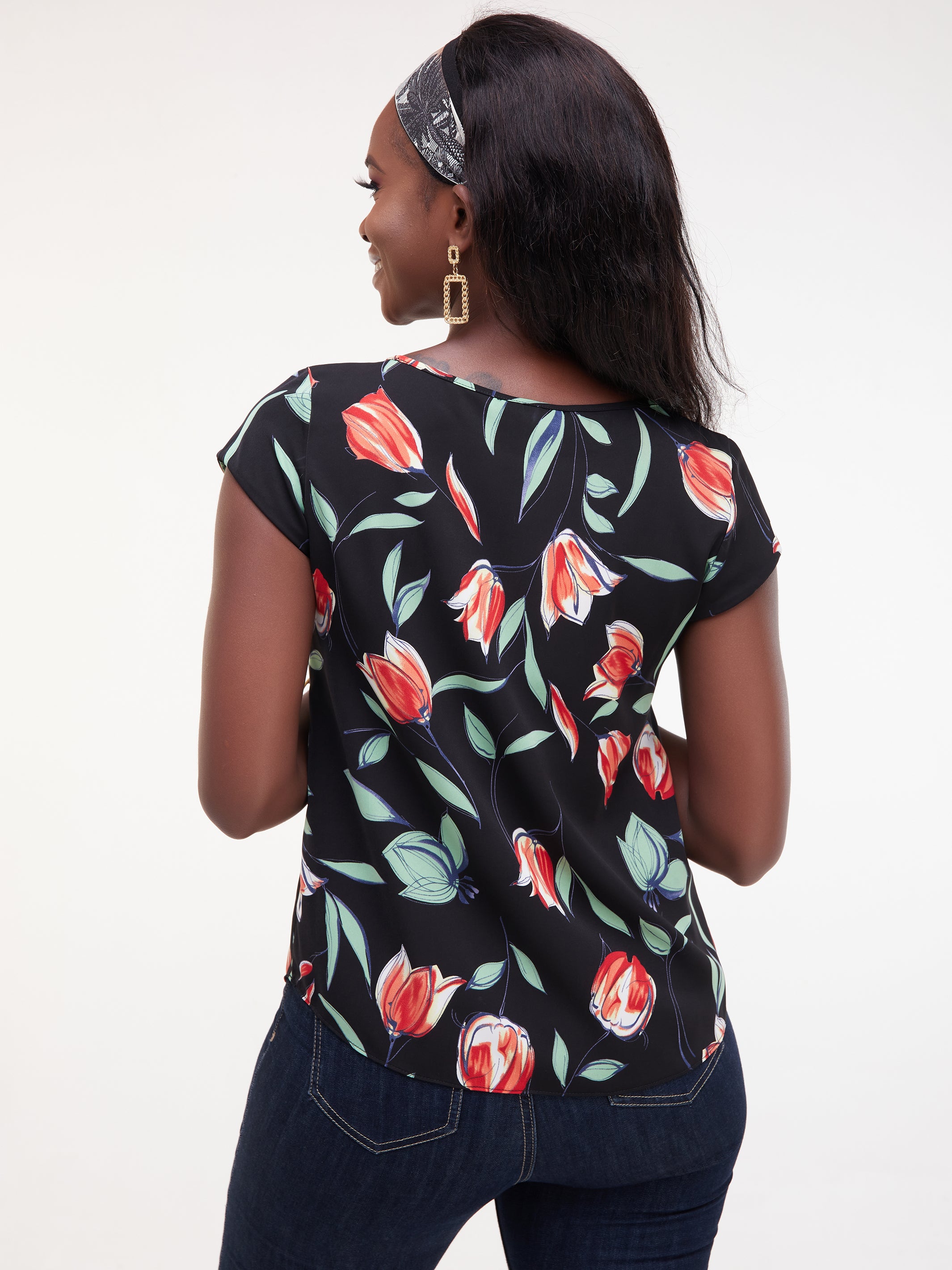 Vivo Basic Crepe Cap Sleeved Top - Navy / Red Print