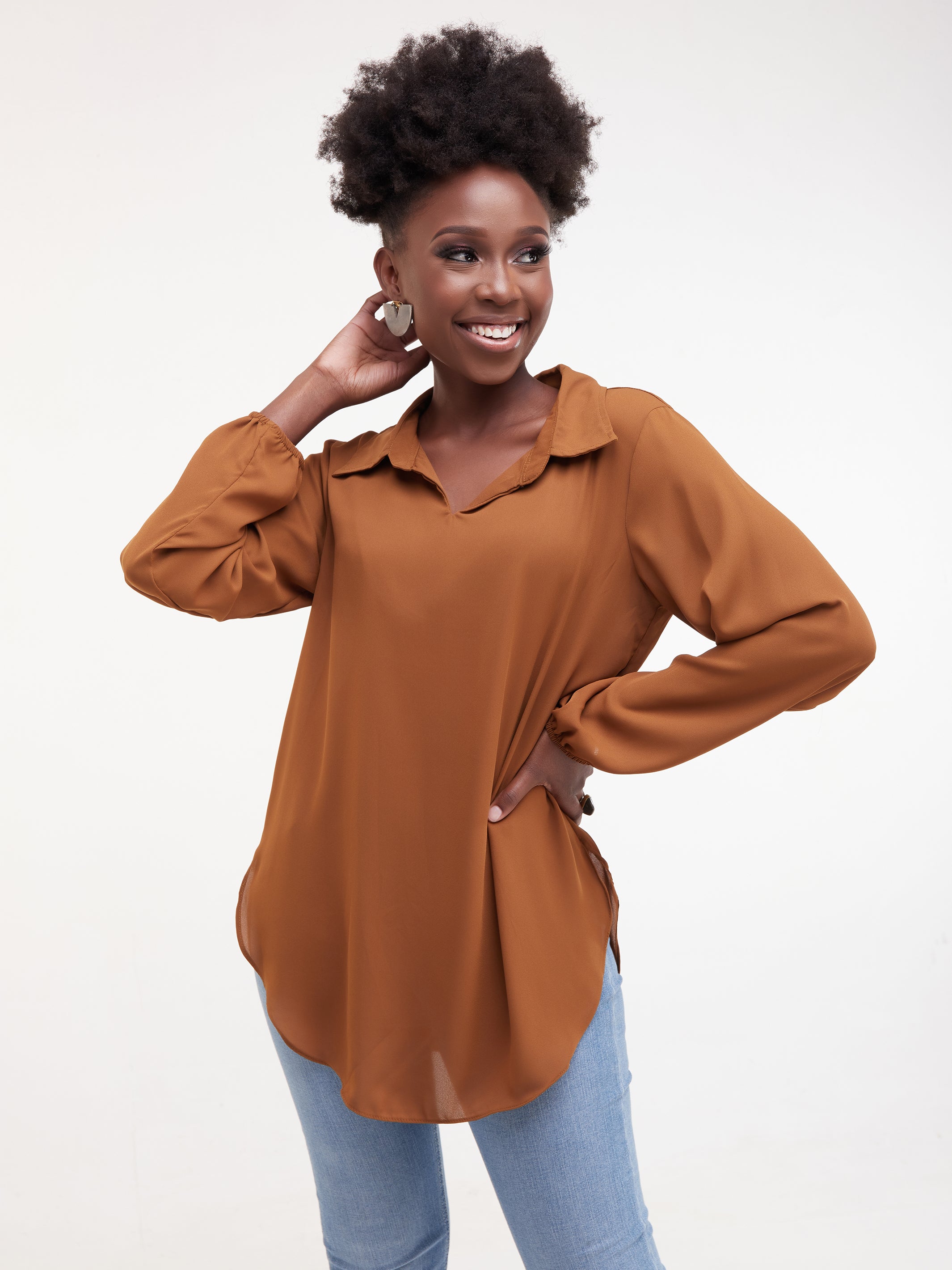 Vivo Sana Bishop Sleeve Top - Brown