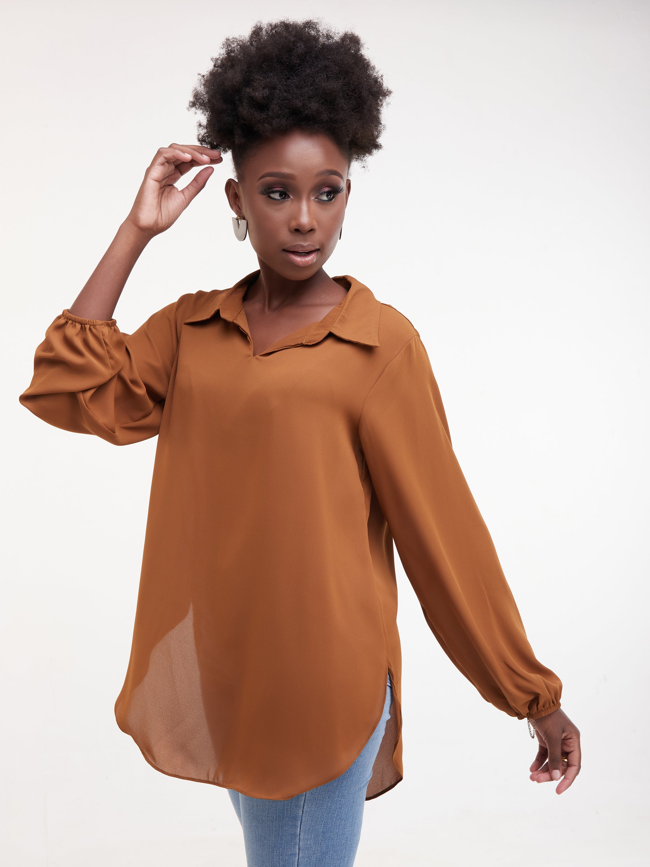 Vivo Sana Bishop Sleeve Top - Brown
