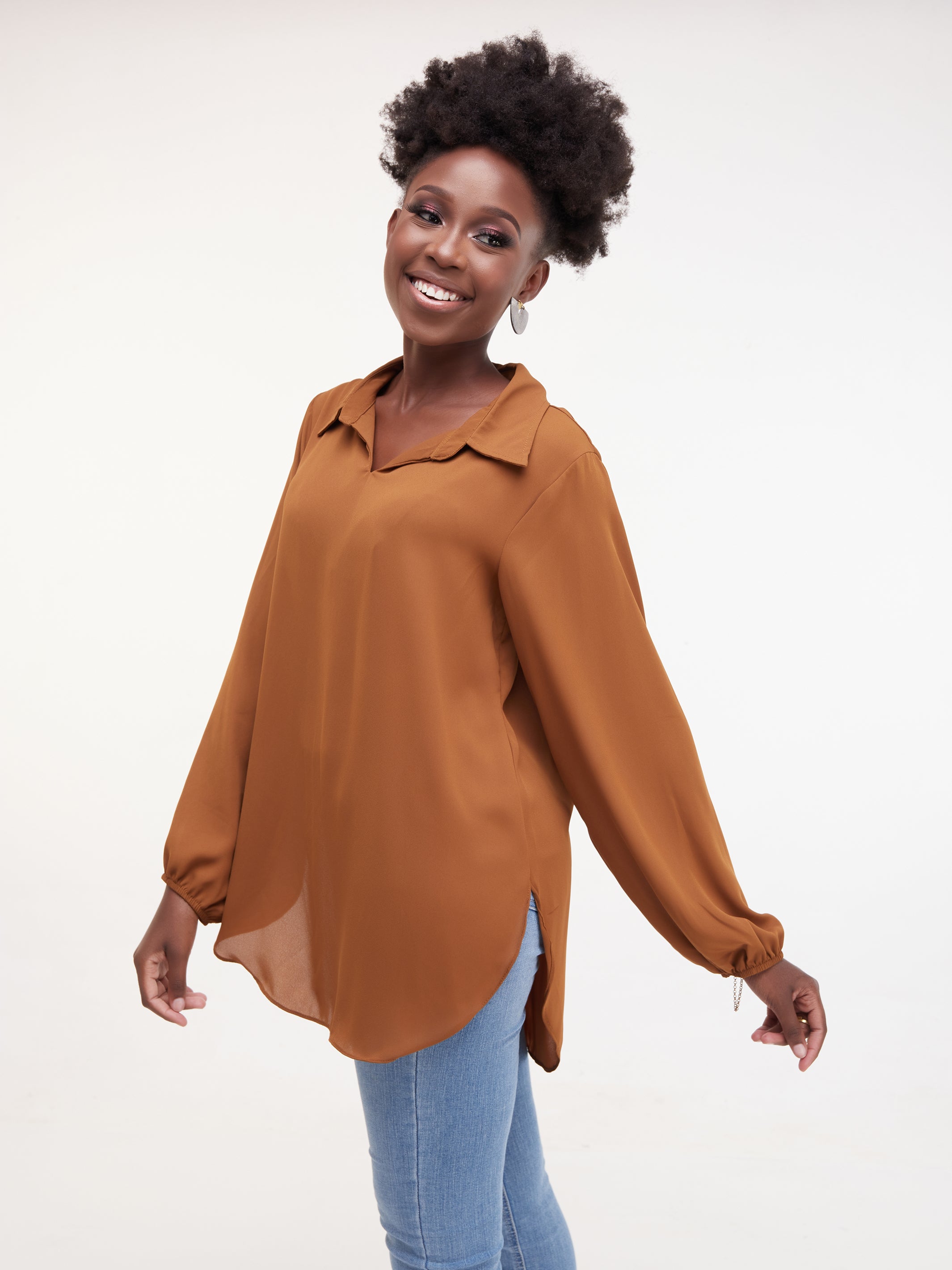 Vivo Sana Bishop Sleeve Top - Brown