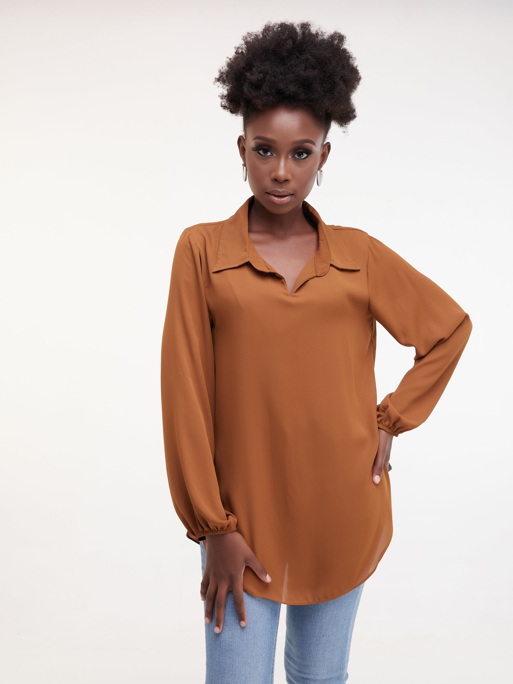 Vivo Sana Bishop Sleeve Top - Brown