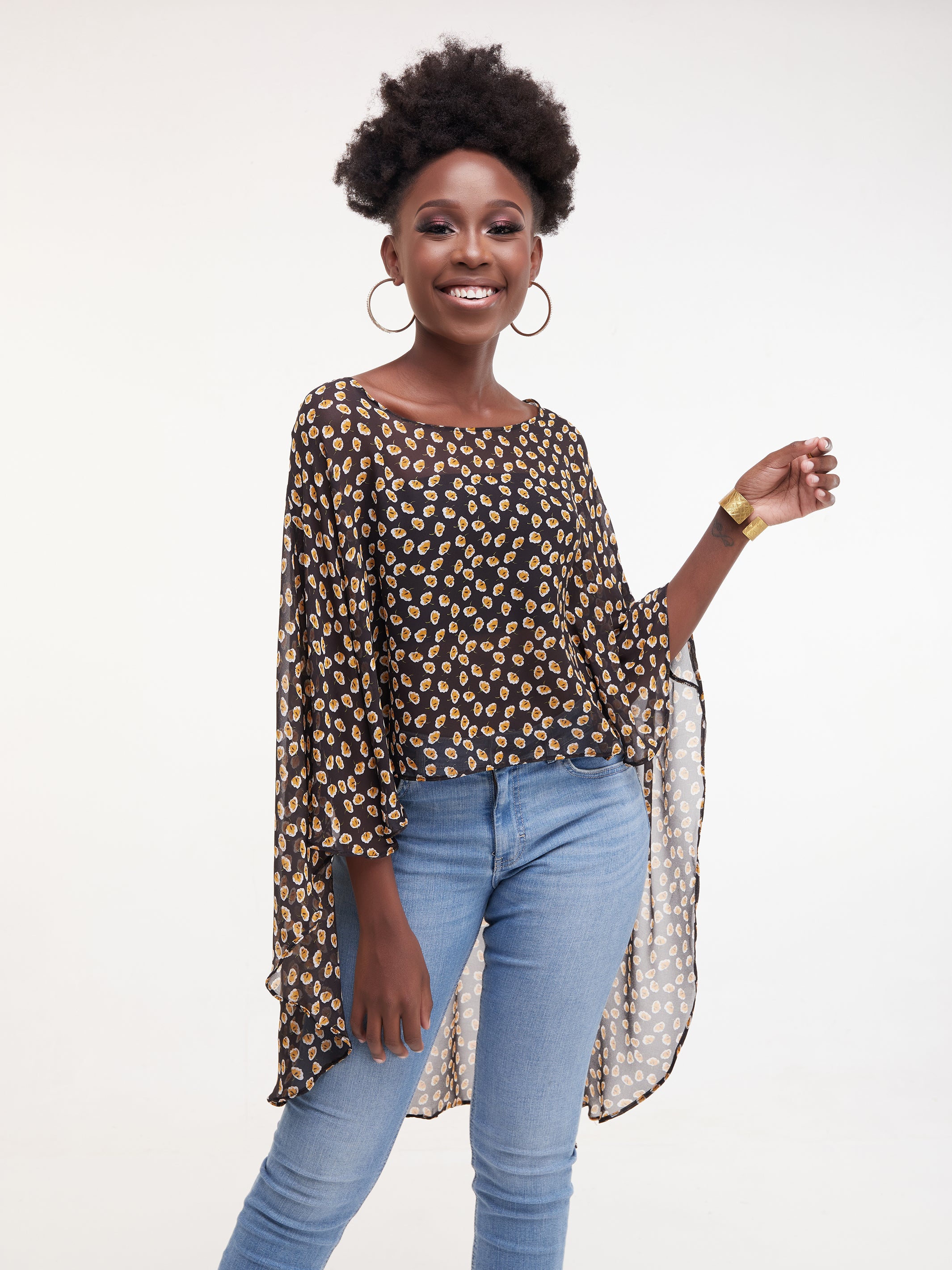 Vivo Sana Cape Top - Black / Mustard Print