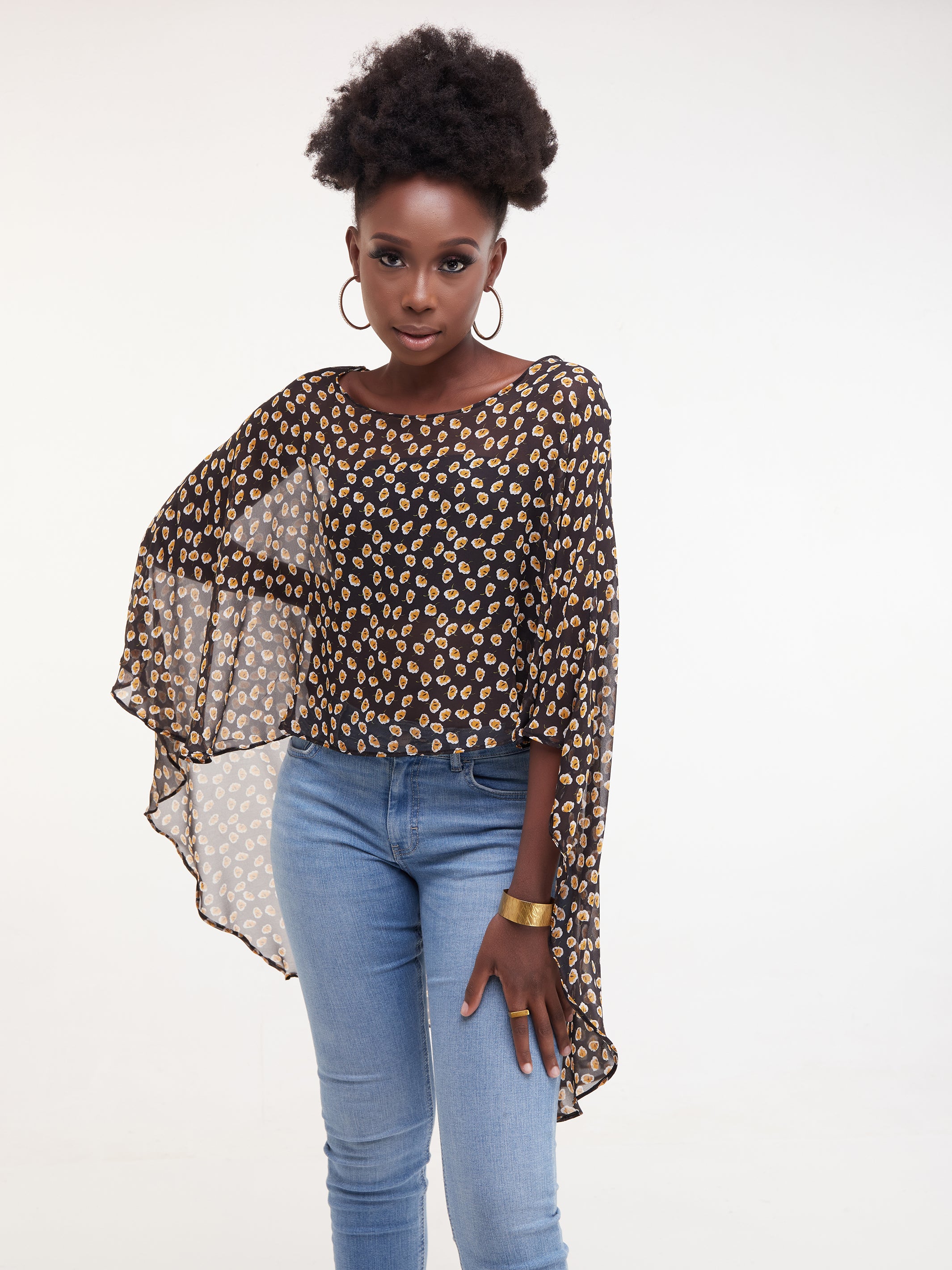 Vivo Sana Cape Top - Black / Mustard Print