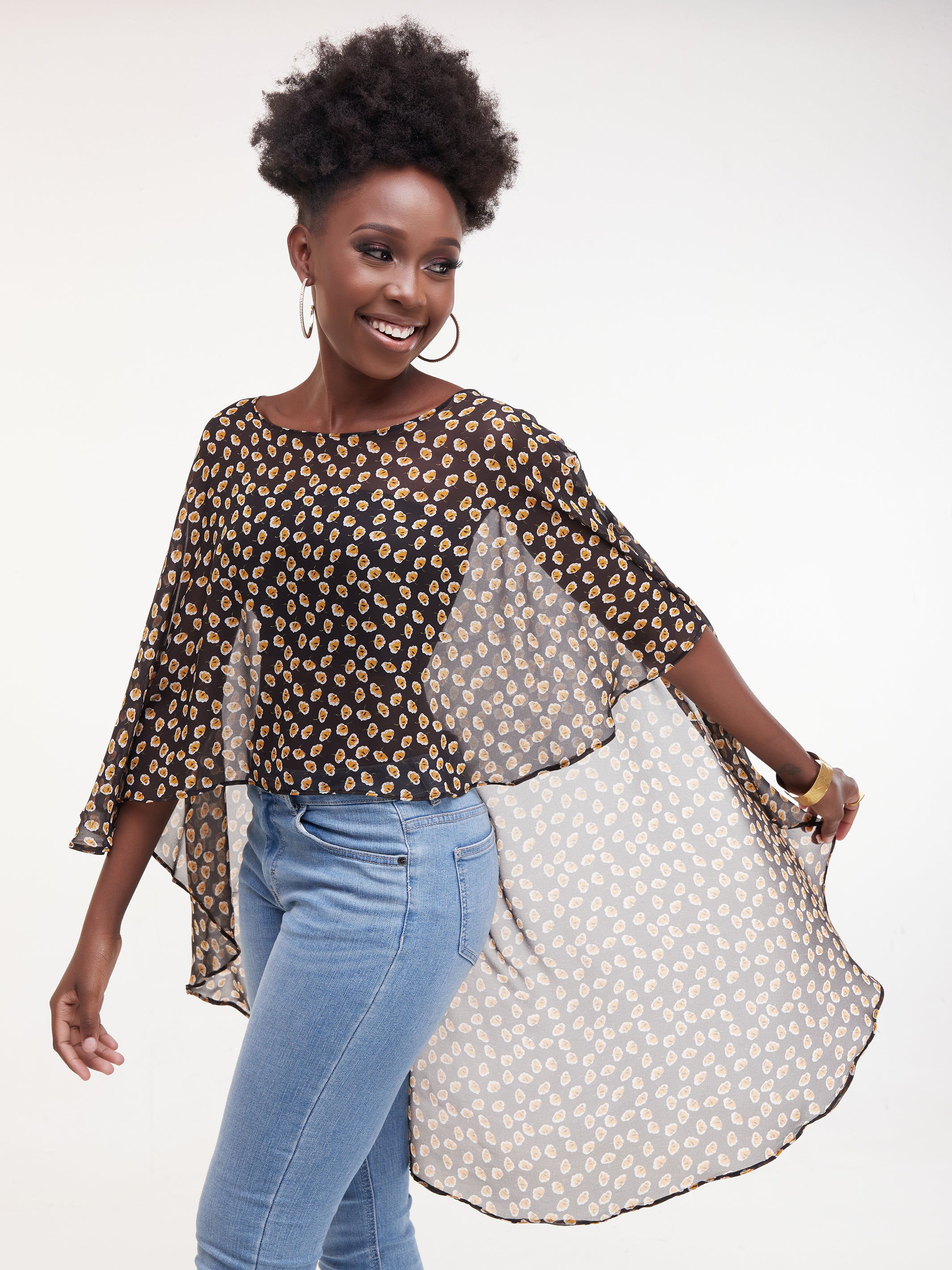 Vivo Sana Cape Top - Black / Mustard Print