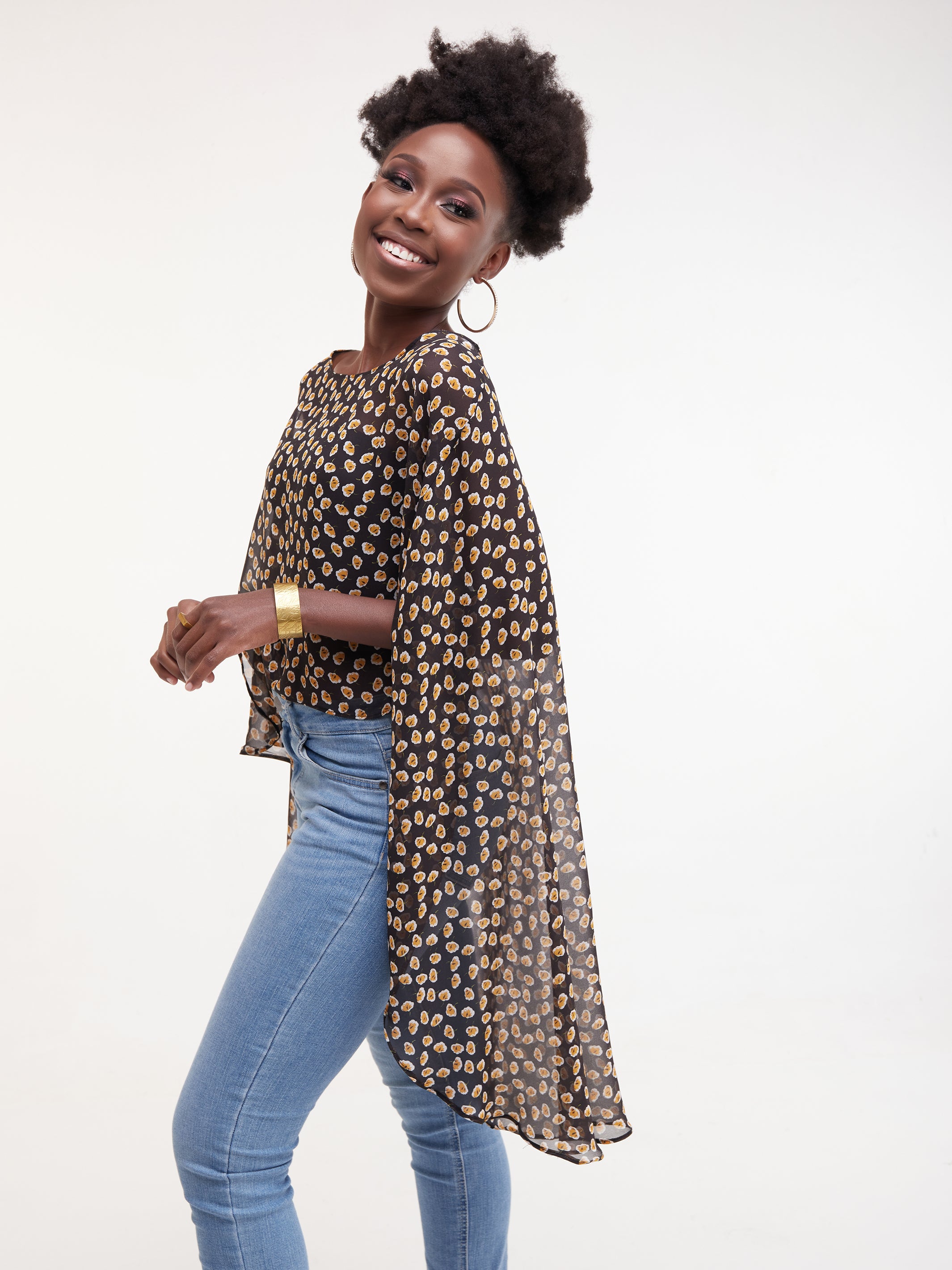 Vivo Sana Cape Top - Black / Mustard Print