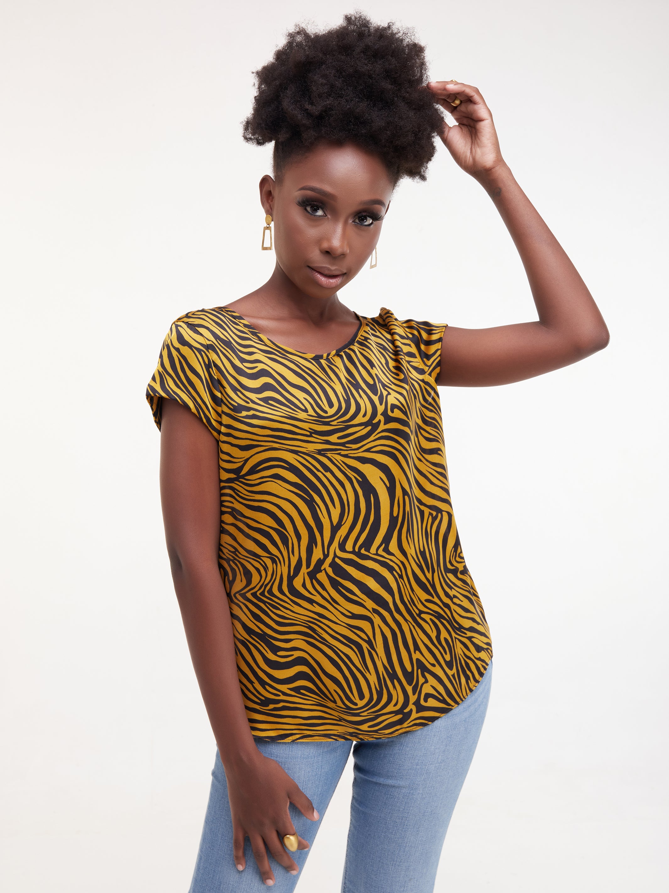 Safari Basic Satin Cap Sleeved Top - Mustard / Black Print