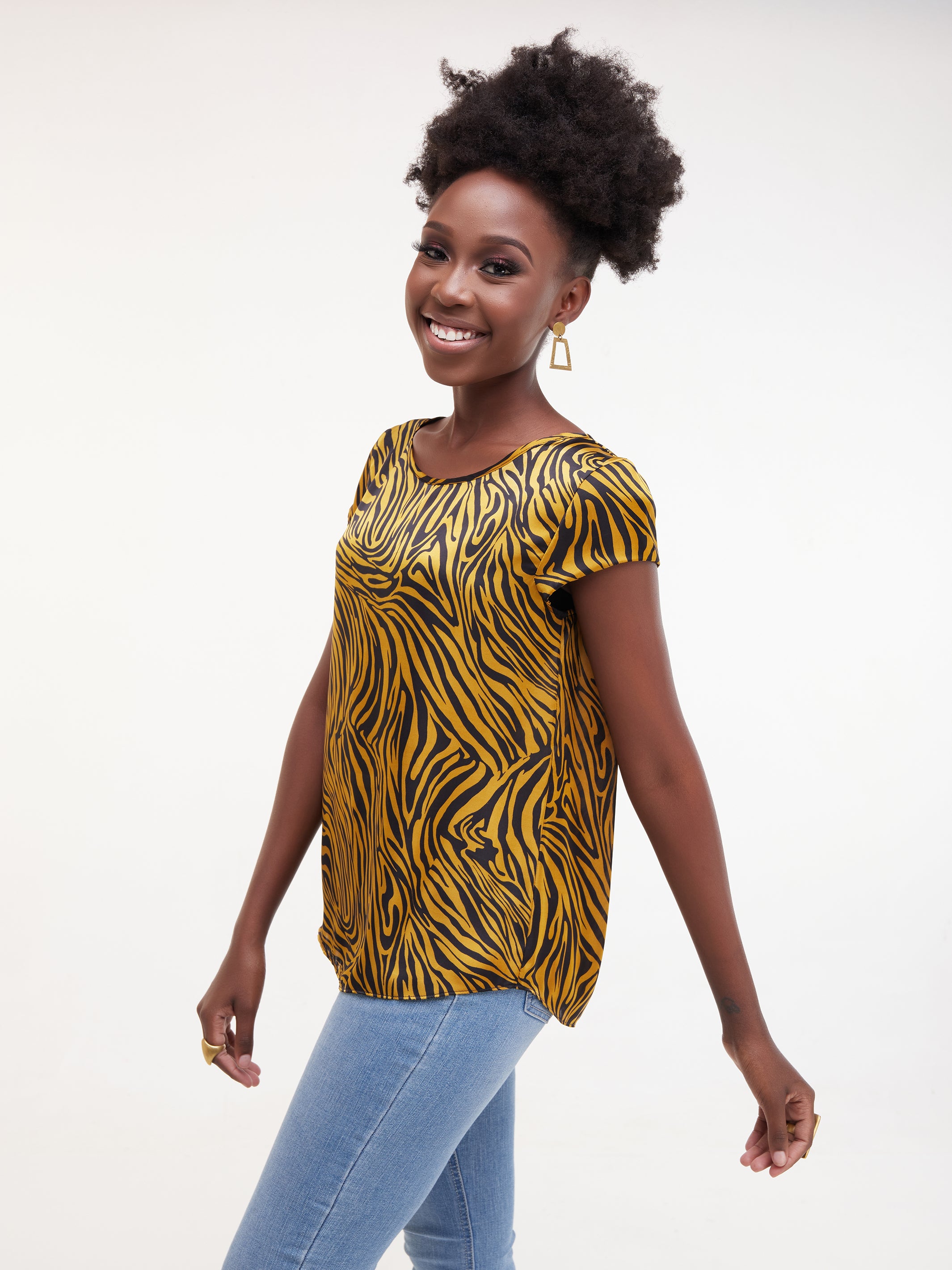 Safari Basic Satin Cap Sleeved Top - Mustard / Black Print