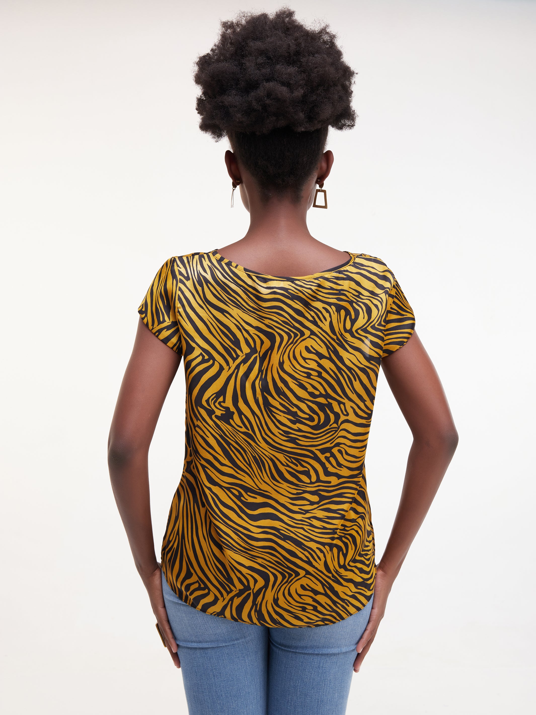 Safari Basic Satin Cap Sleeved Top - Mustard / Black Print
