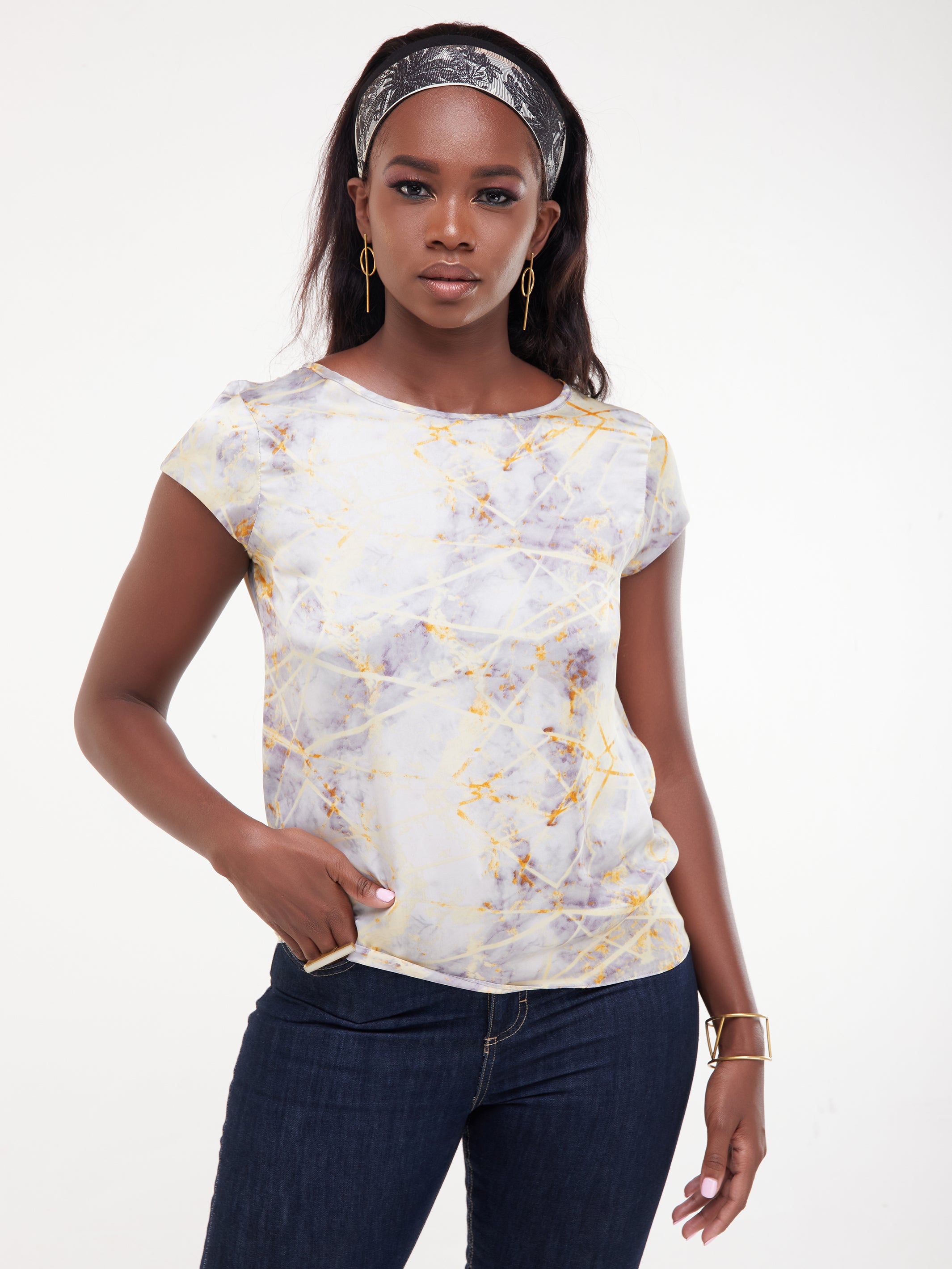 Safari Basic Satin Cap Sleeved Top - Mustard / Grey Print