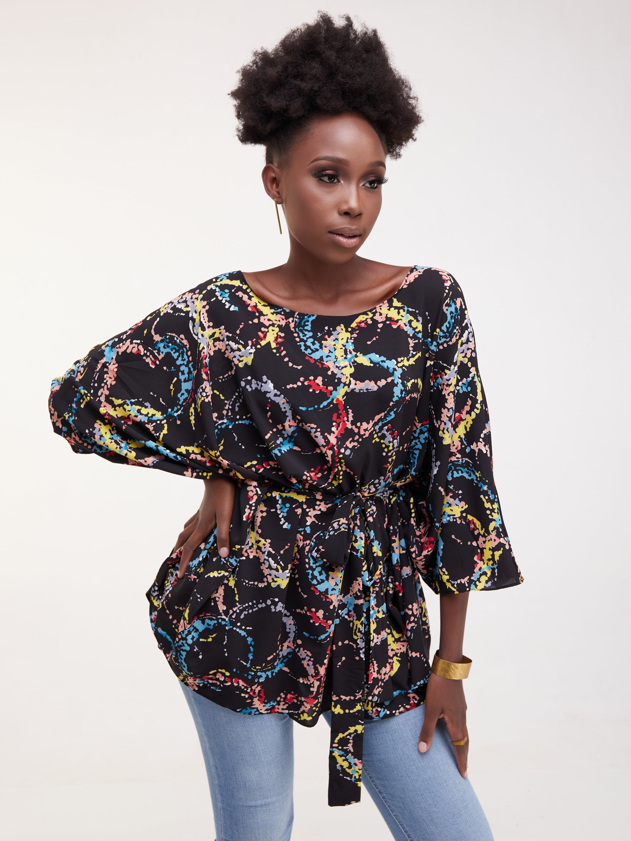 Safari Maisha Wide Loose Top - Yellow / Blue Print