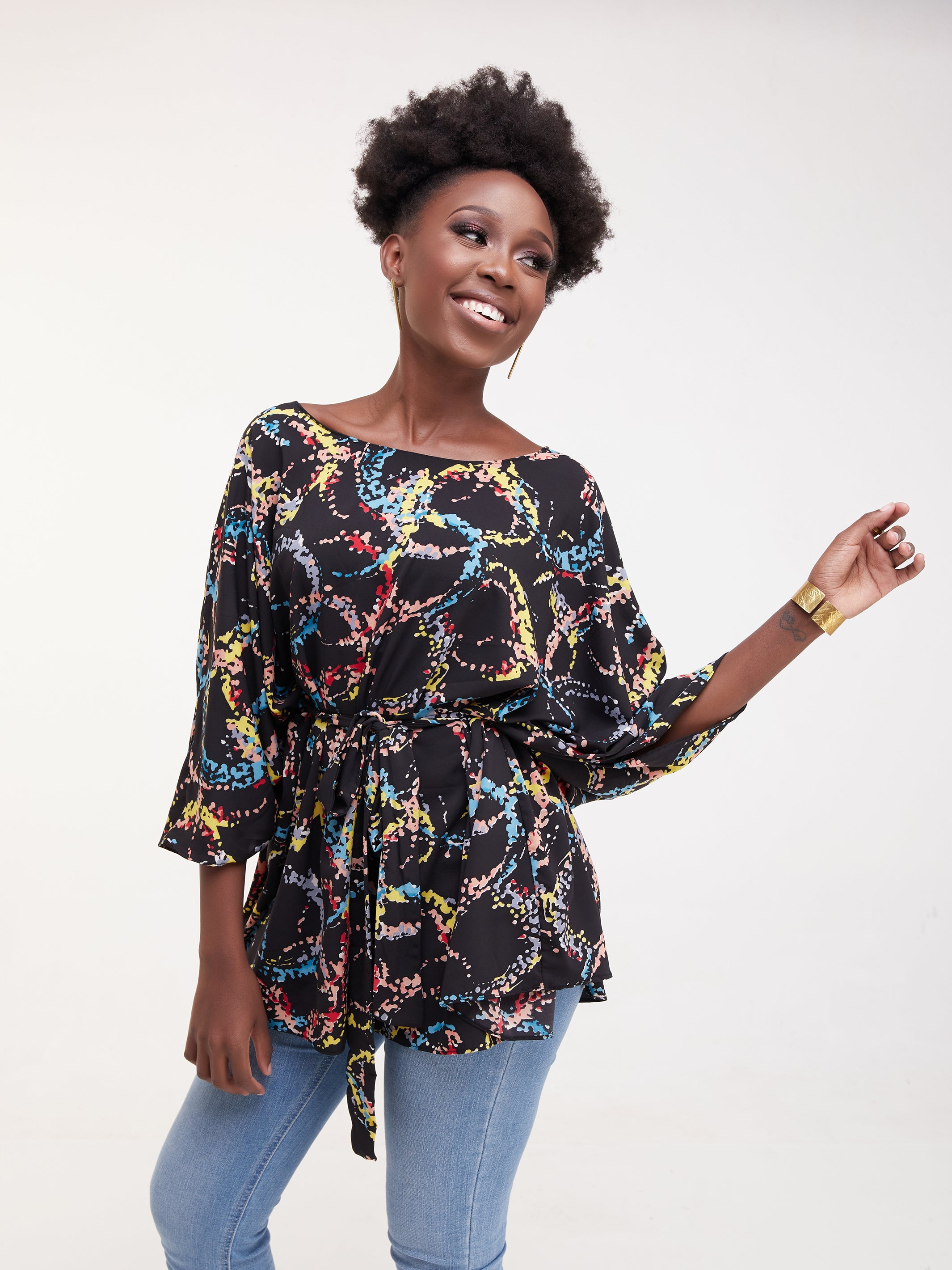 Safari Maisha Wide Loose Top - Yellow / Blue Print