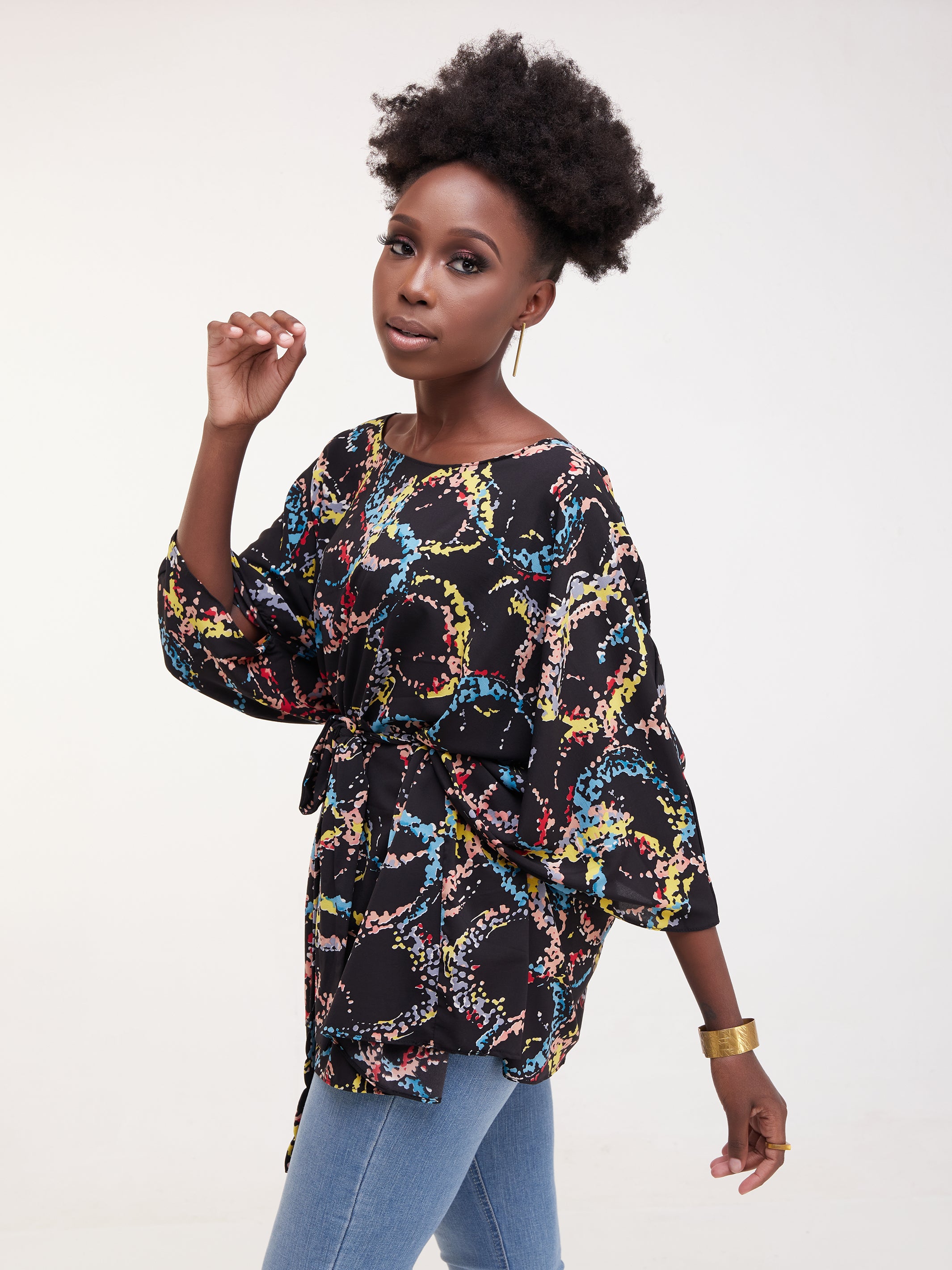 Safari Maisha Wide Loose Top - Yellow / Blue Print