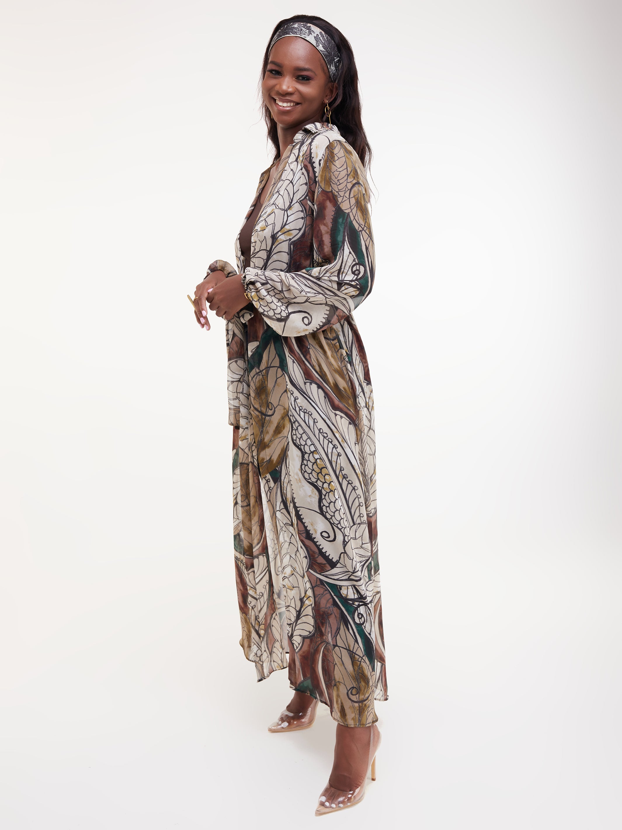 Vivo Sana Long Sleeved Maxi cover-Up - Green / Brown Print