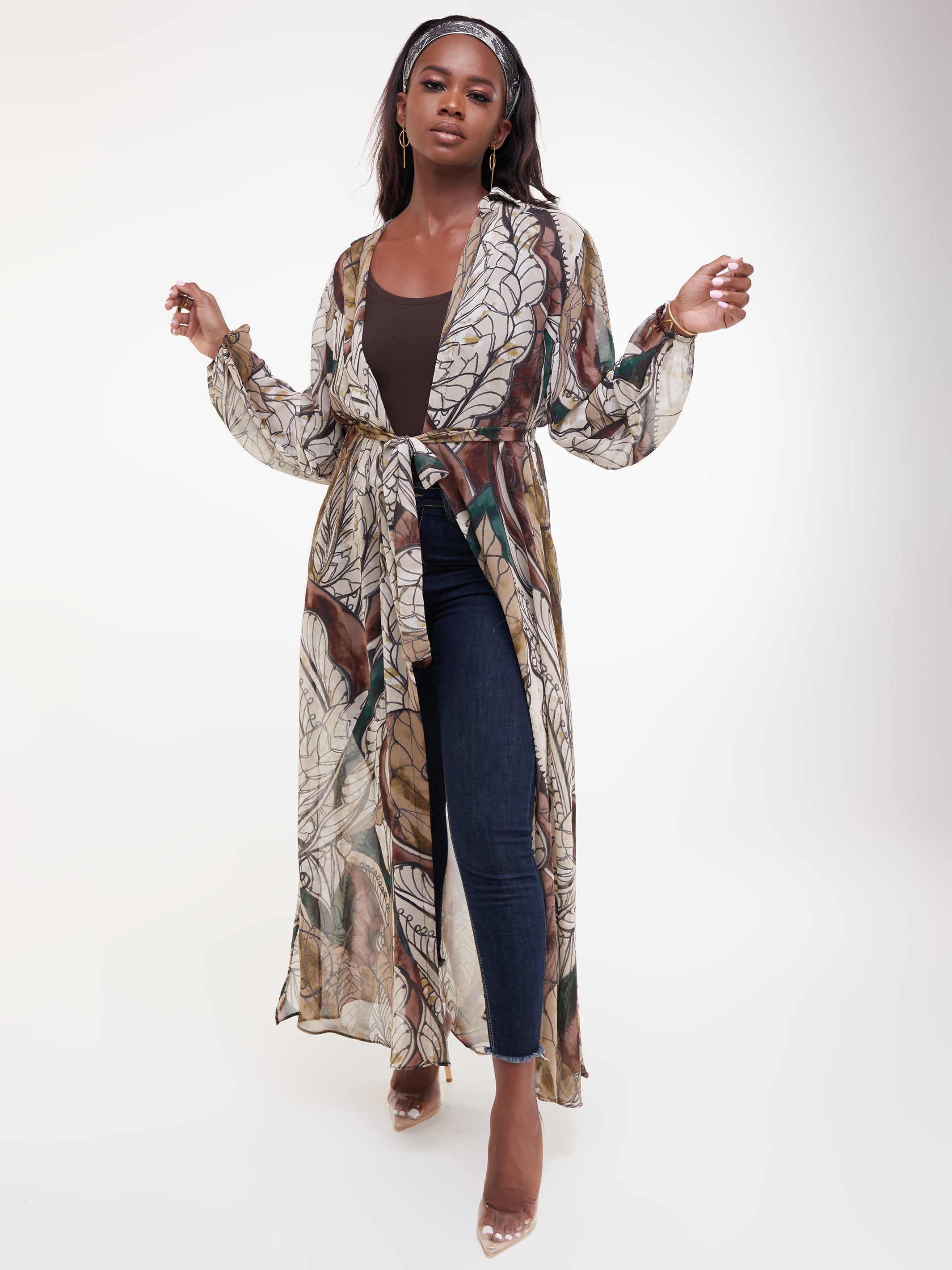 Vivo Sana Long Sleeved Maxi cover-Up - Green / Brown Print