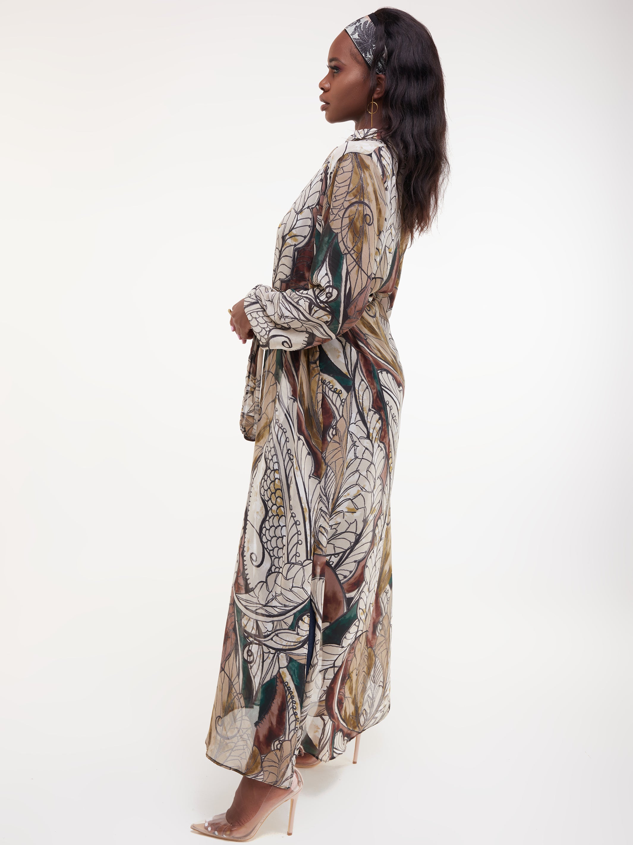 Vivo Sana Long Sleeved Maxi cover-Up - Green / Brown Print