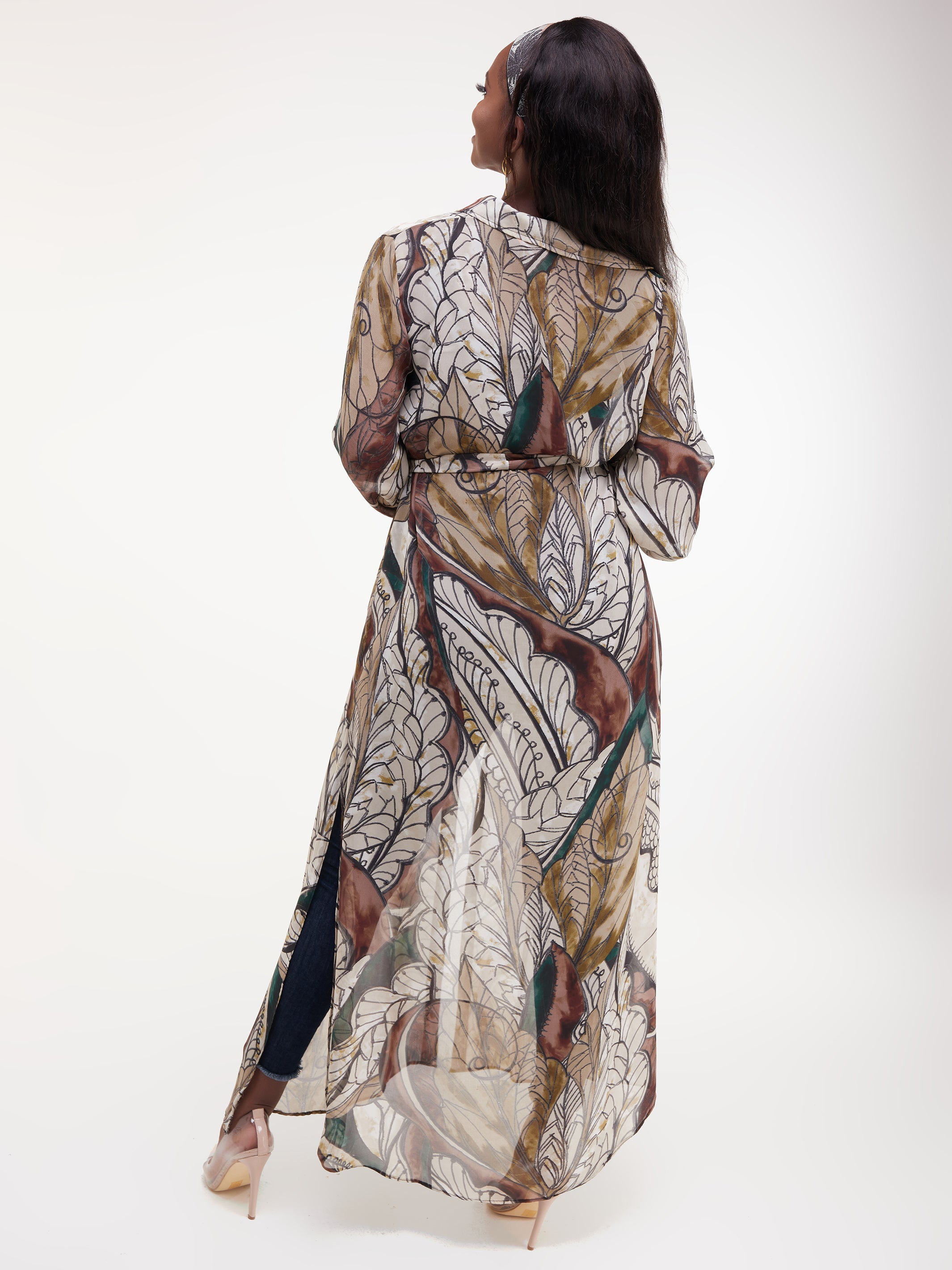 Vivo Sana Long Sleeved Maxi cover-Up - Green / Brown Print
