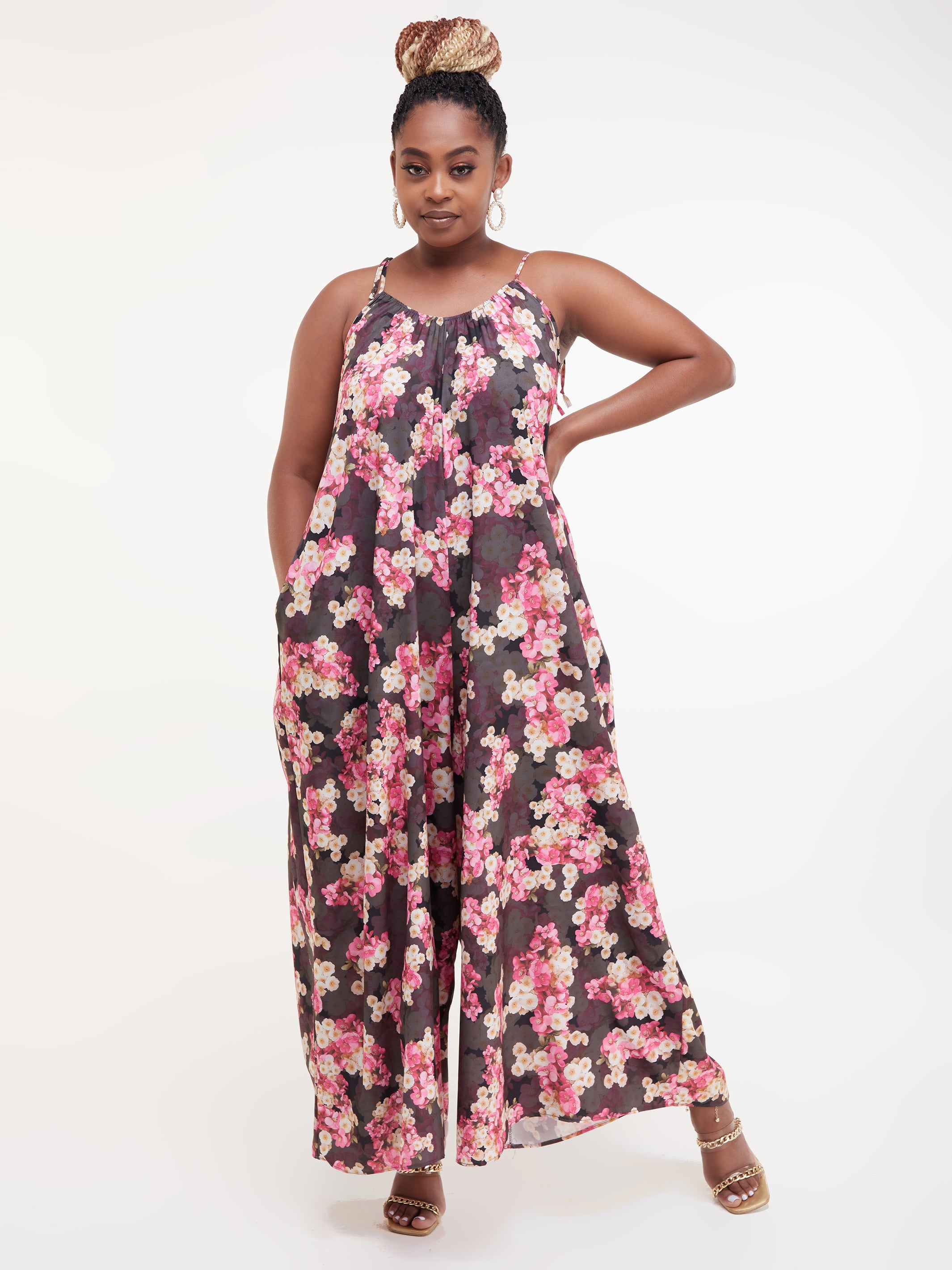 Vivo Diani Strappy Jumpsuit - Cream / Pink Print