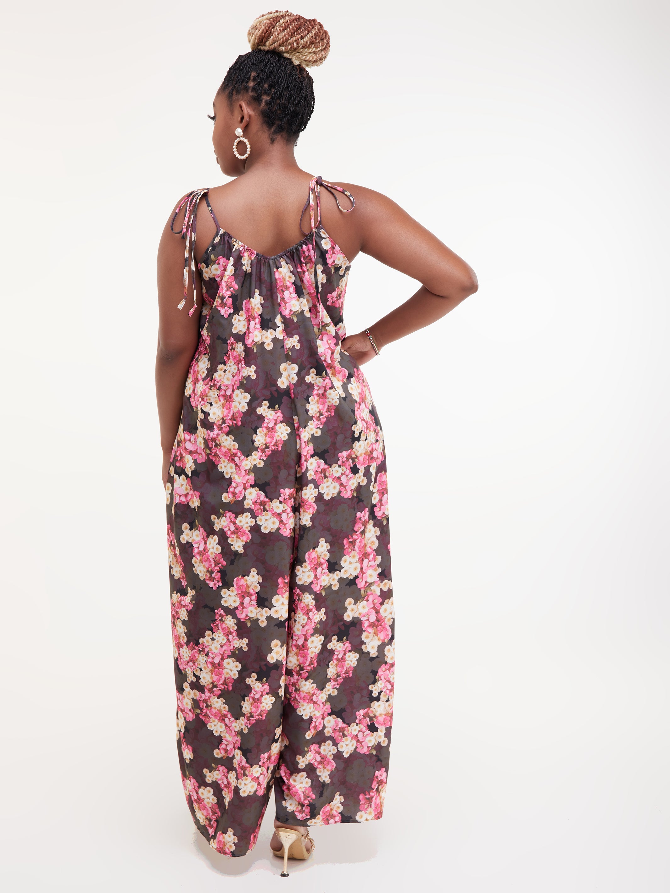 Vivo Diani Strappy Jumpsuit - Cream / Pink Print