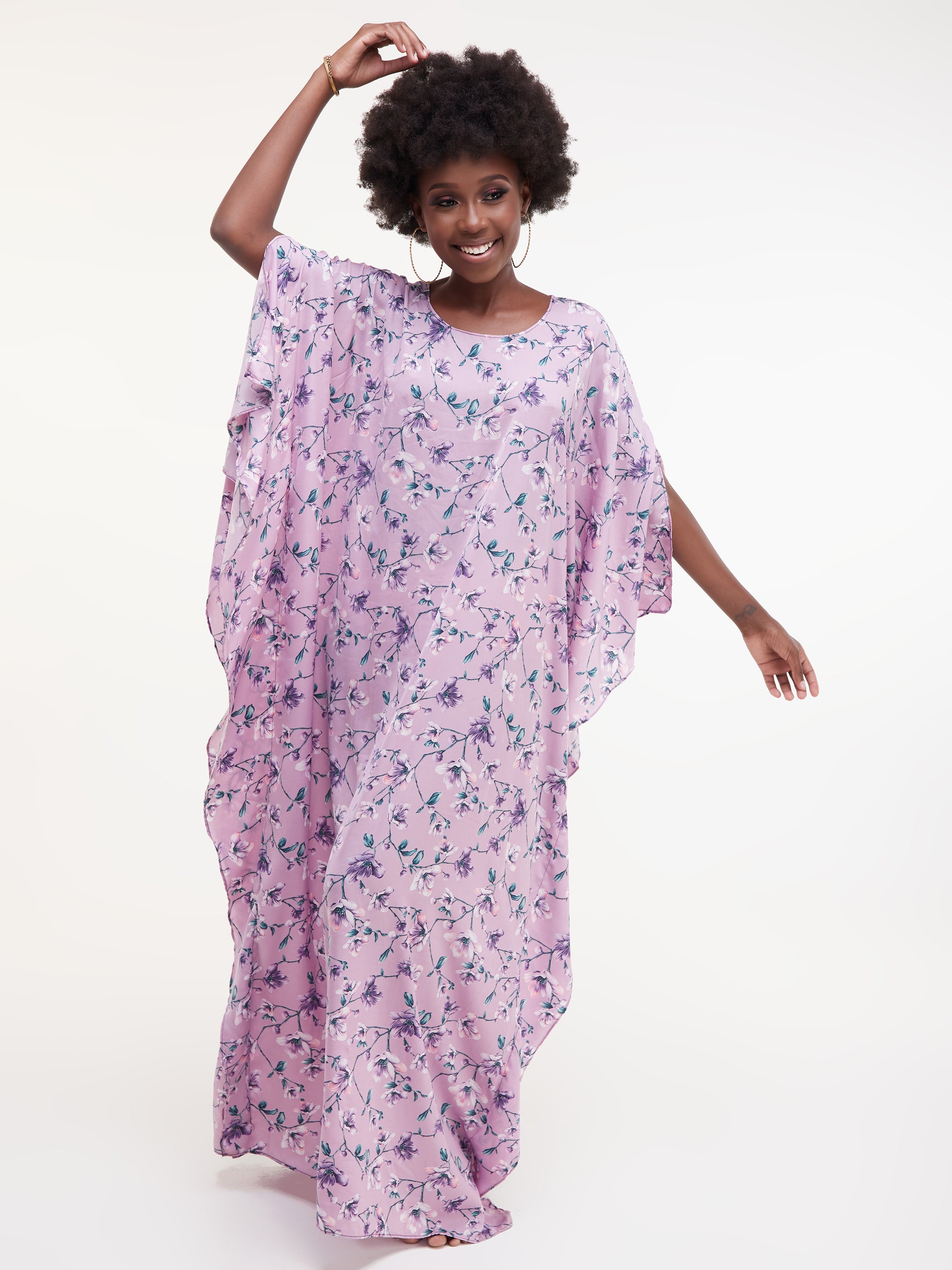Vivo Lamu Satin Maxi Dira Dress - Purple / Pink Print