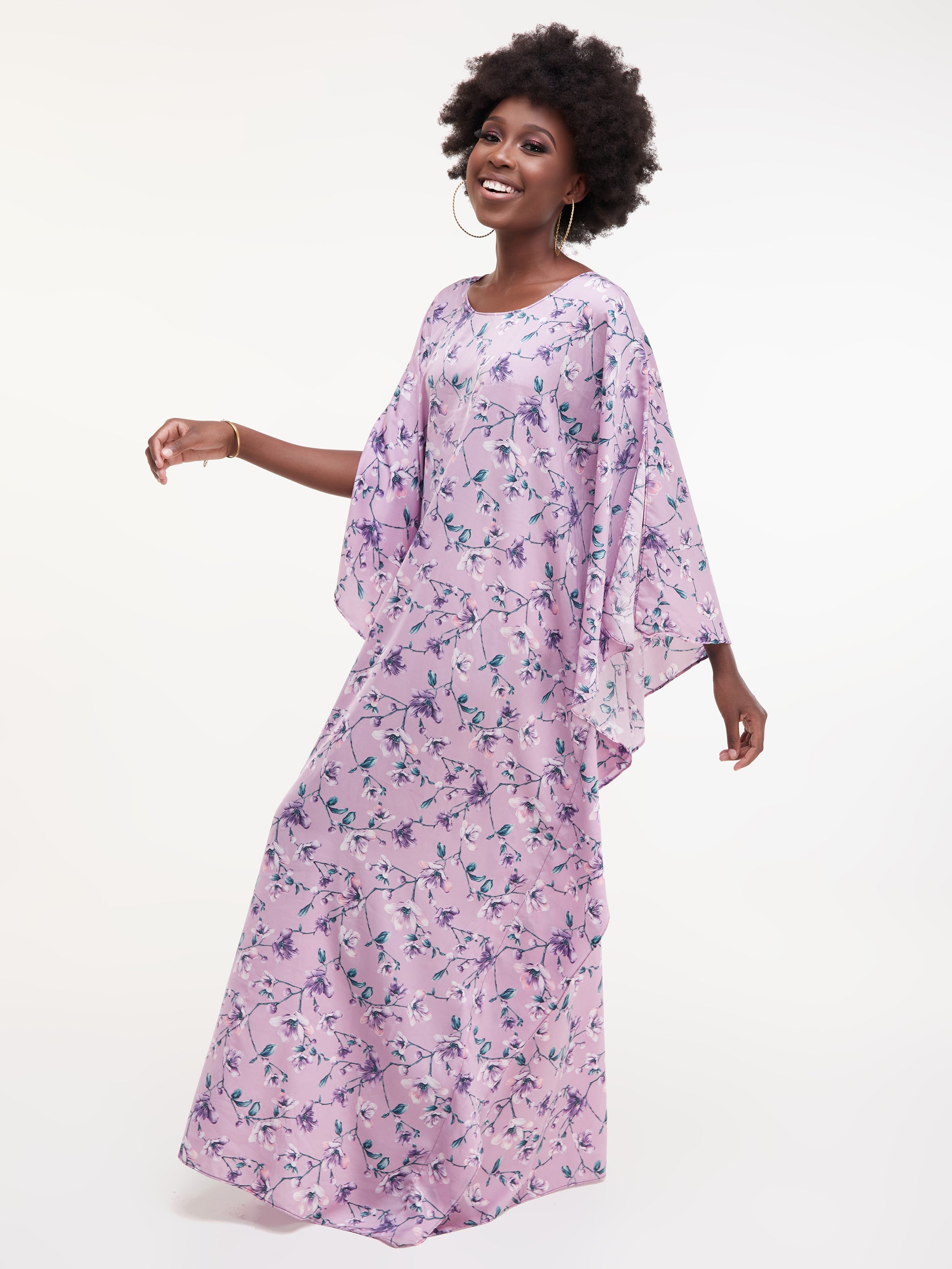 Vivo Lamu Satin Maxi Dira Dress - Purple / Pink Print