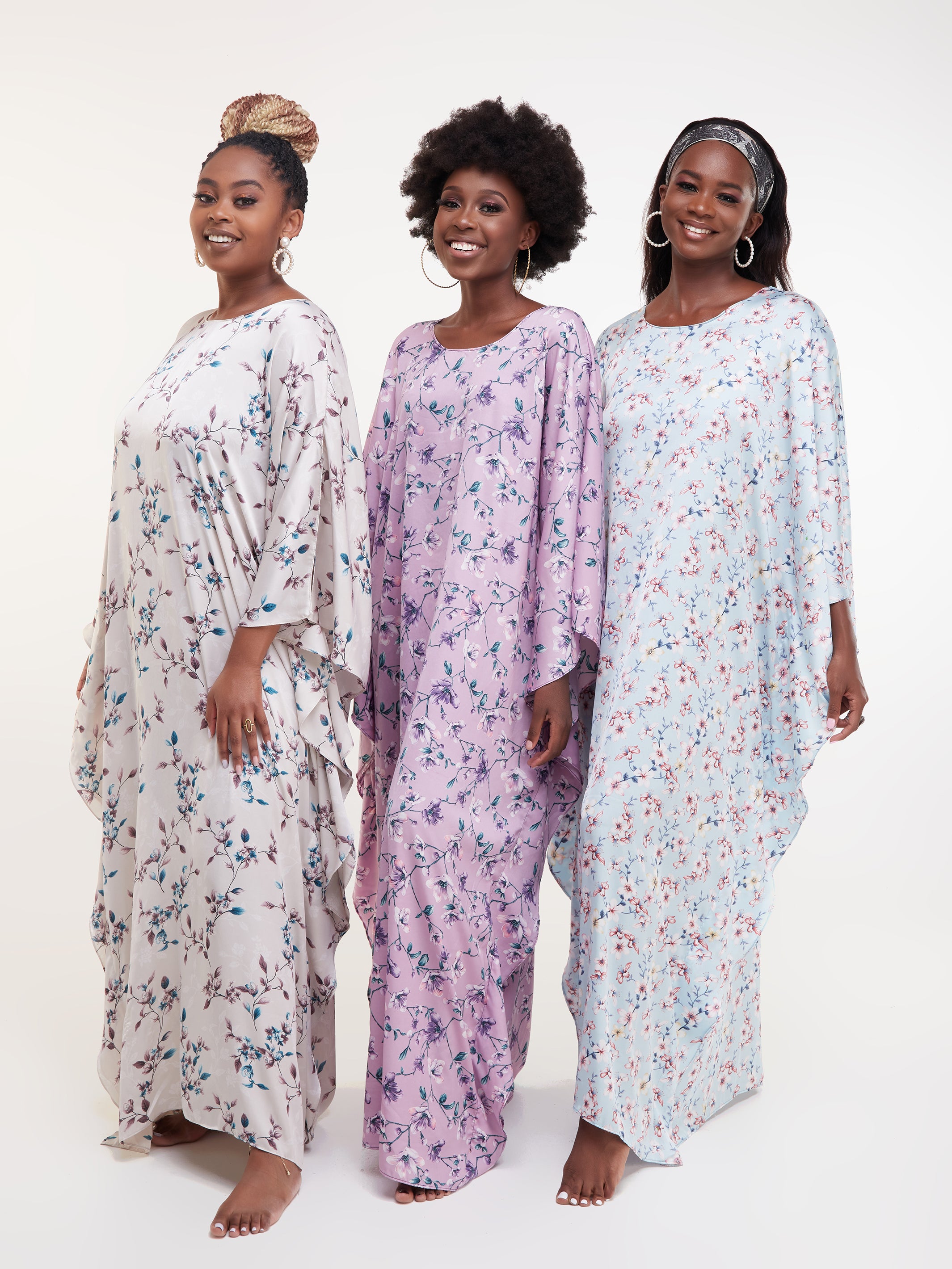 Vivo Lamu Satin Maxi Dira Dress - Light Blue / Red Print
