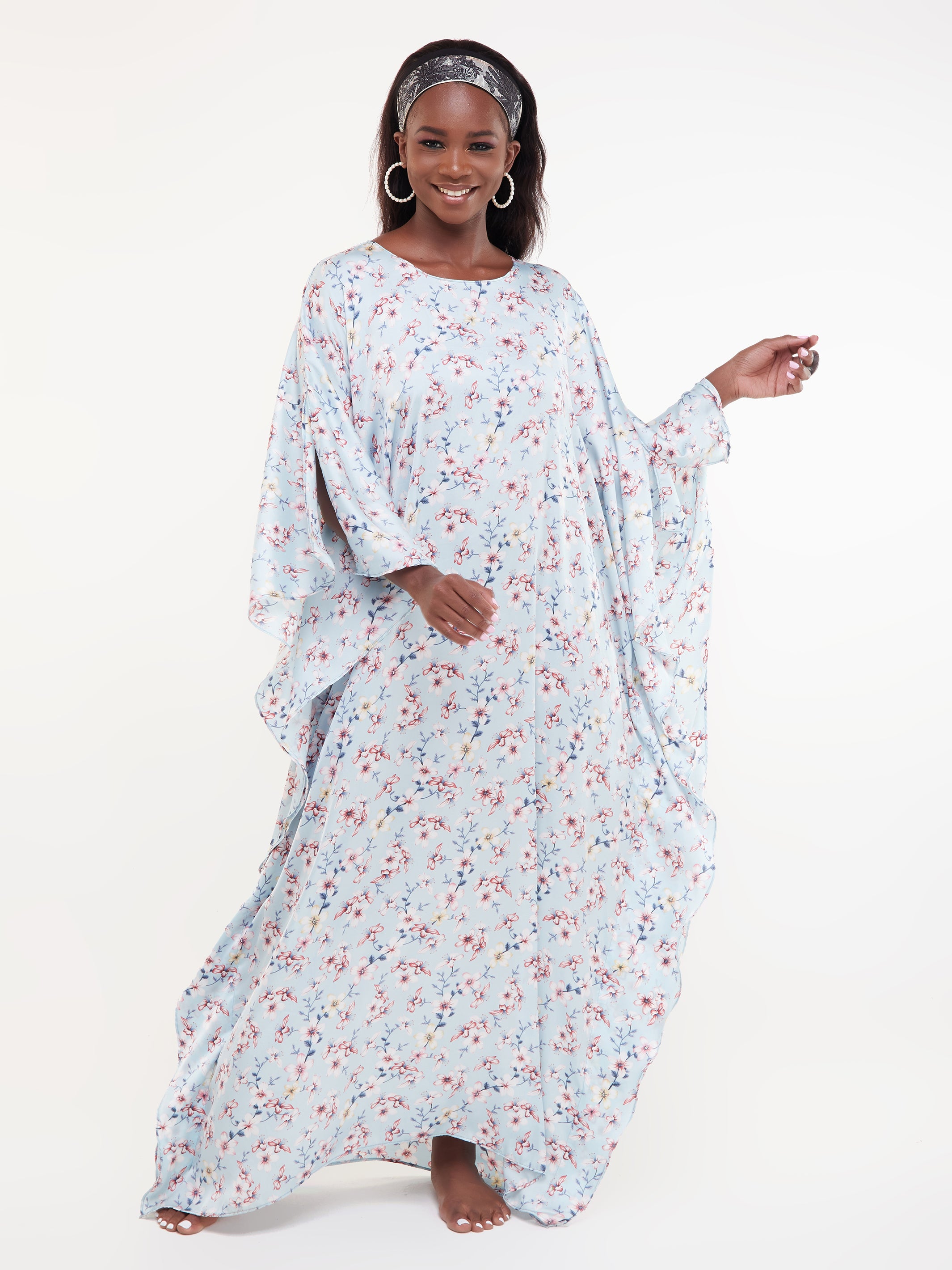 Vivo Lamu Satin Maxi Dira Dress - Light Blue / Red Print