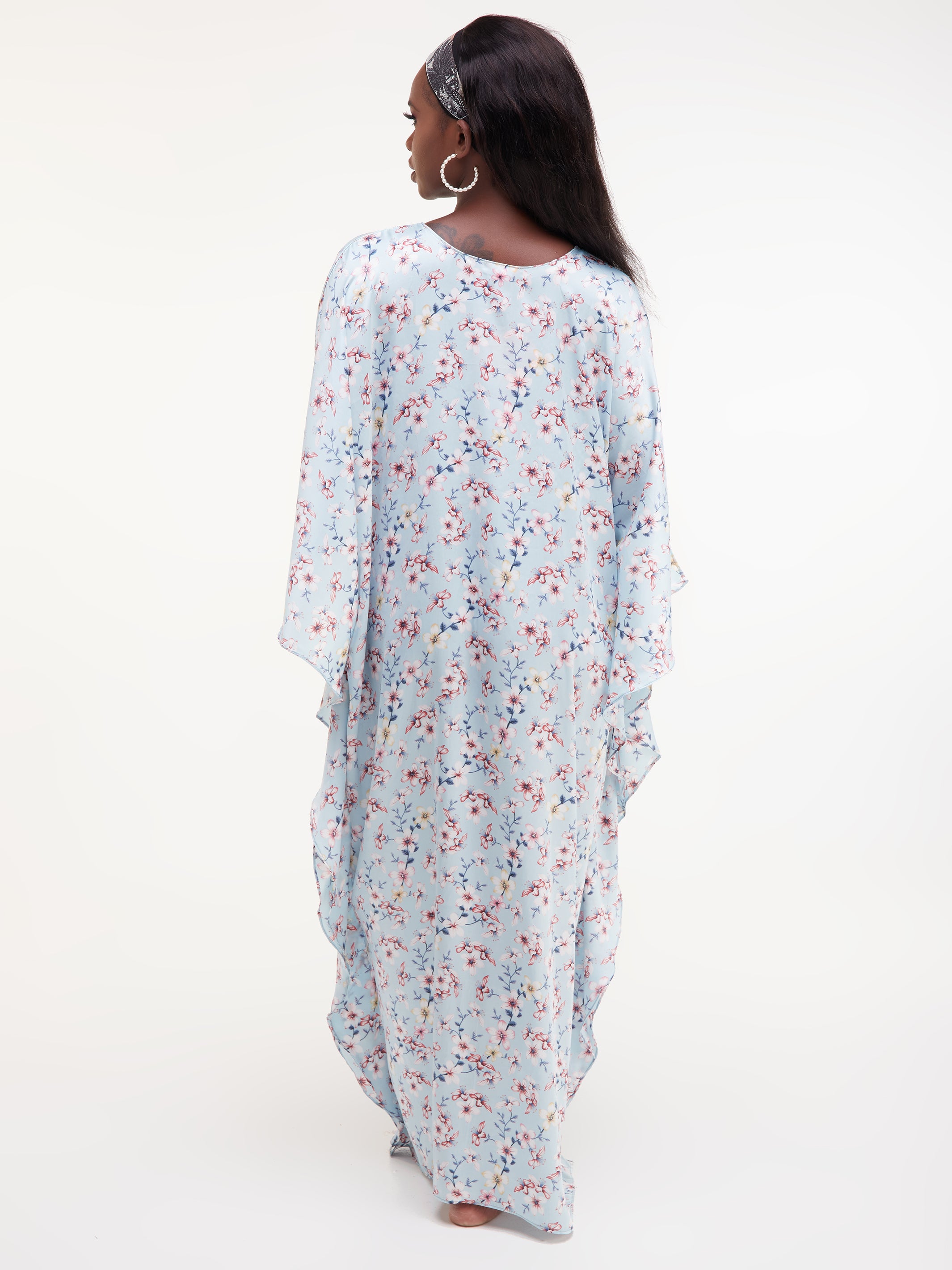 Vivo Lamu Satin Maxi Dira Dress - Light Blue / Red Print
