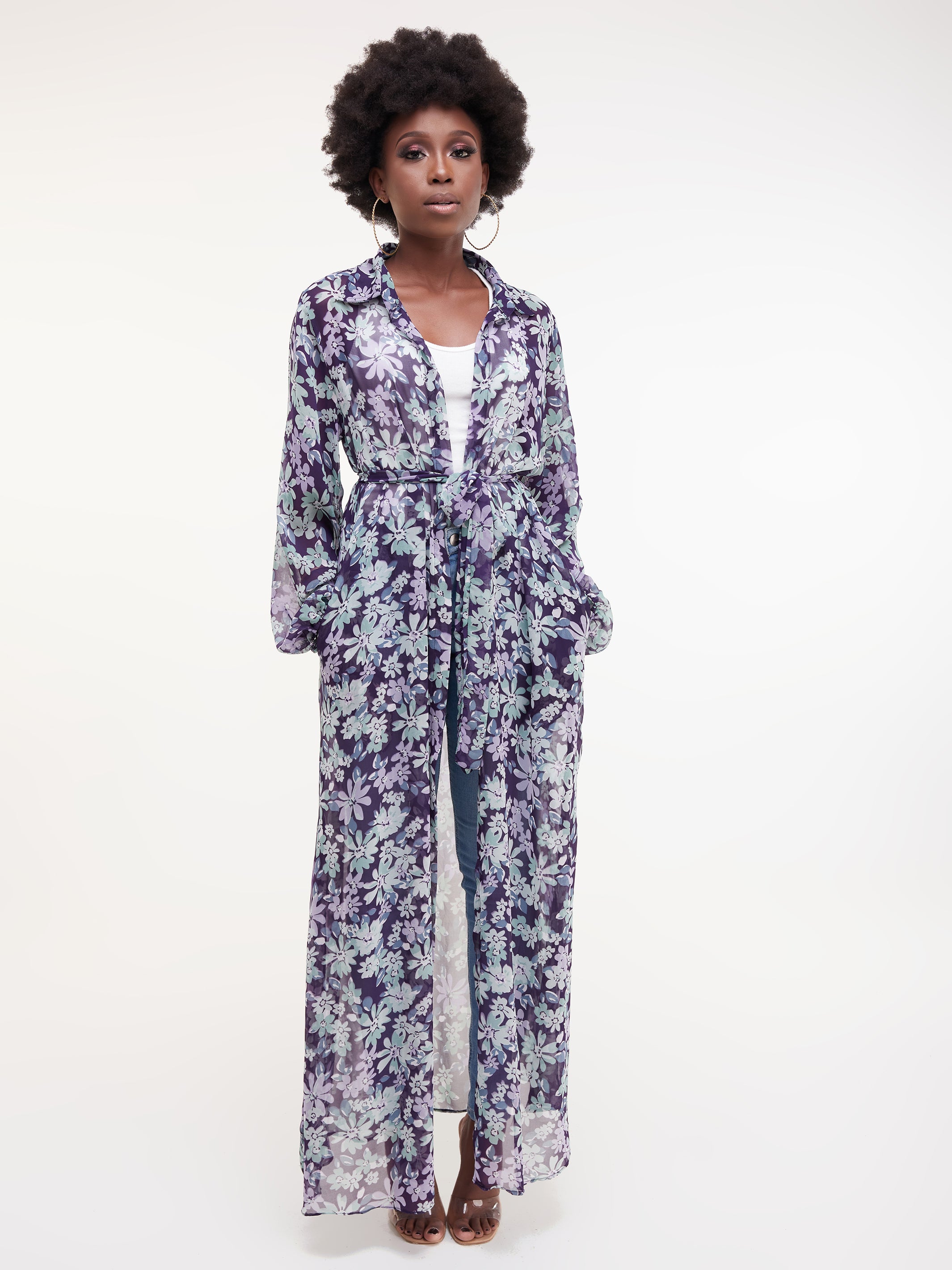Vivo Sana Long Sleeved Maxi cover-Up - Purple Floral Print