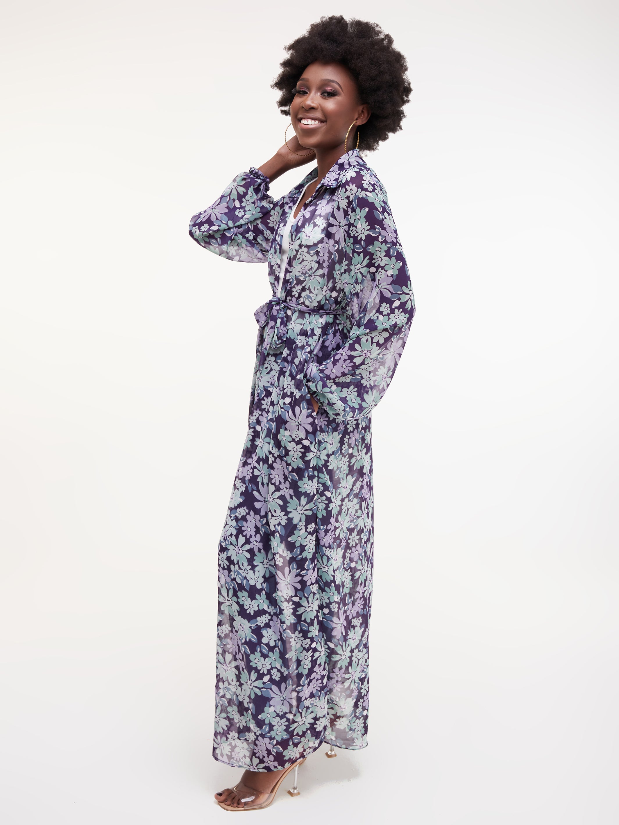 Vivo Sana Long Sleeved Maxi cover-Up - Purple Floral Print
