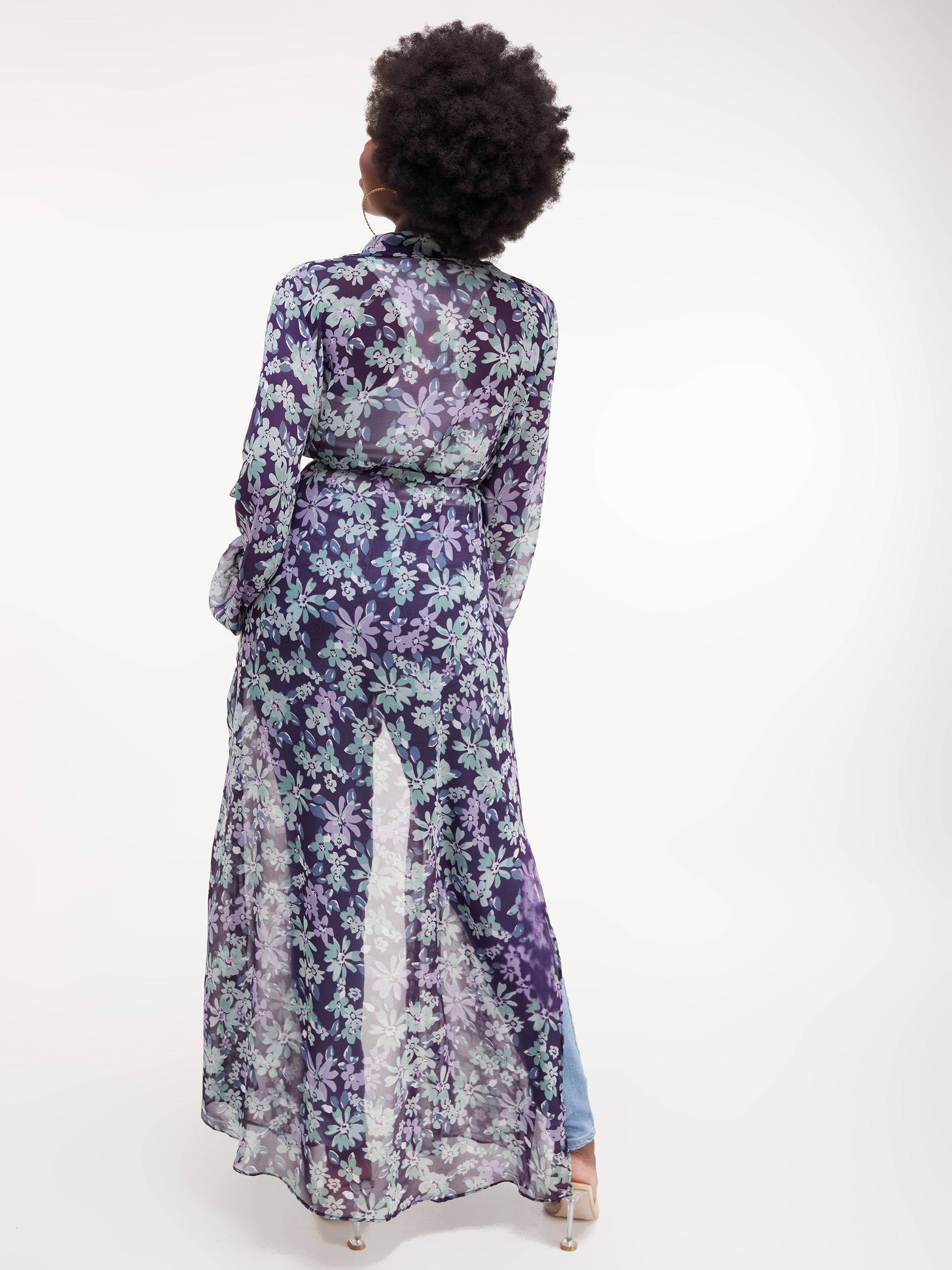 Vivo Sana Long Sleeved Maxi cover-Up - Purple Floral Print