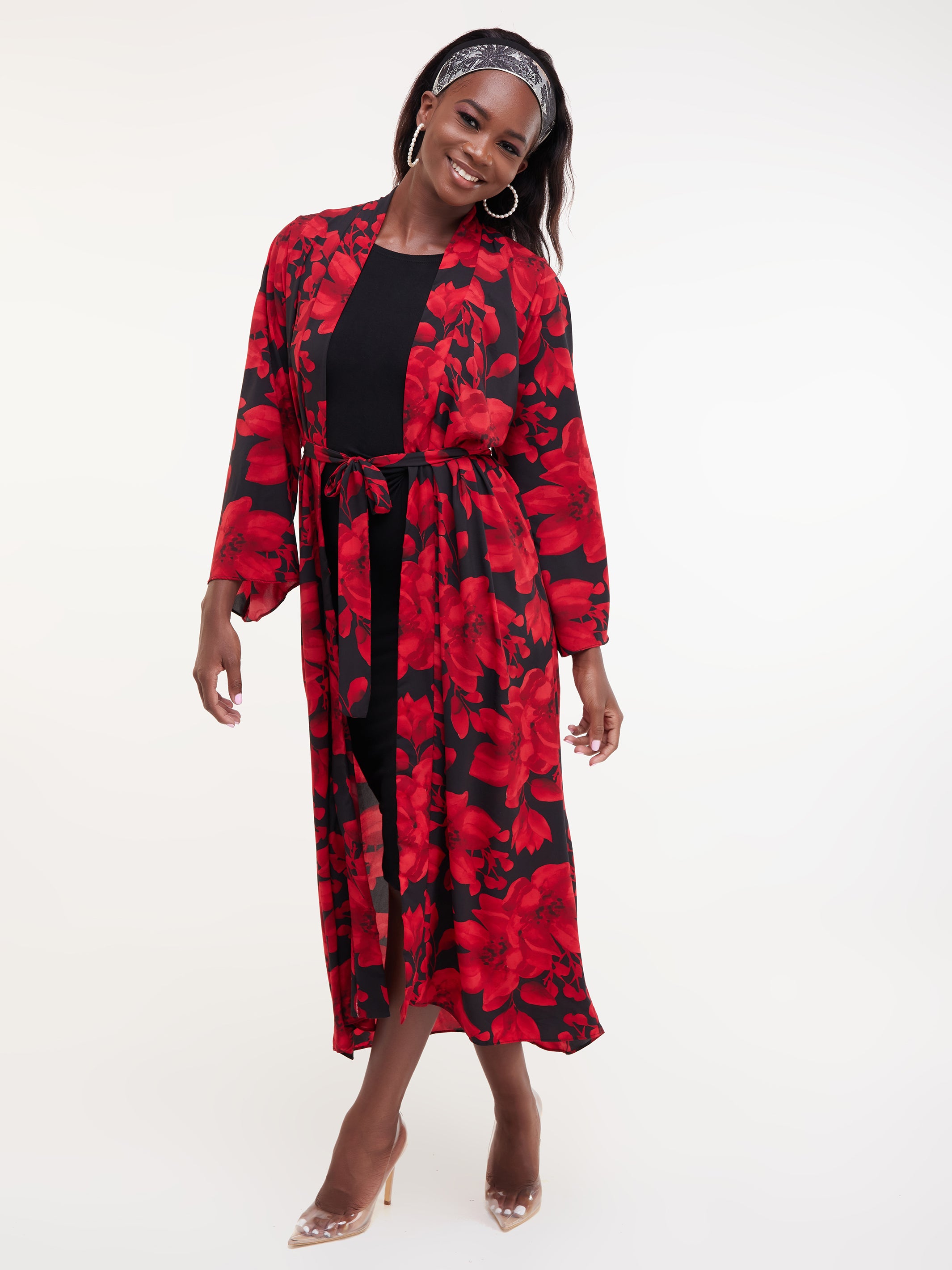 Safari Maisha Long Sleeved Kimono - Red Floral Print