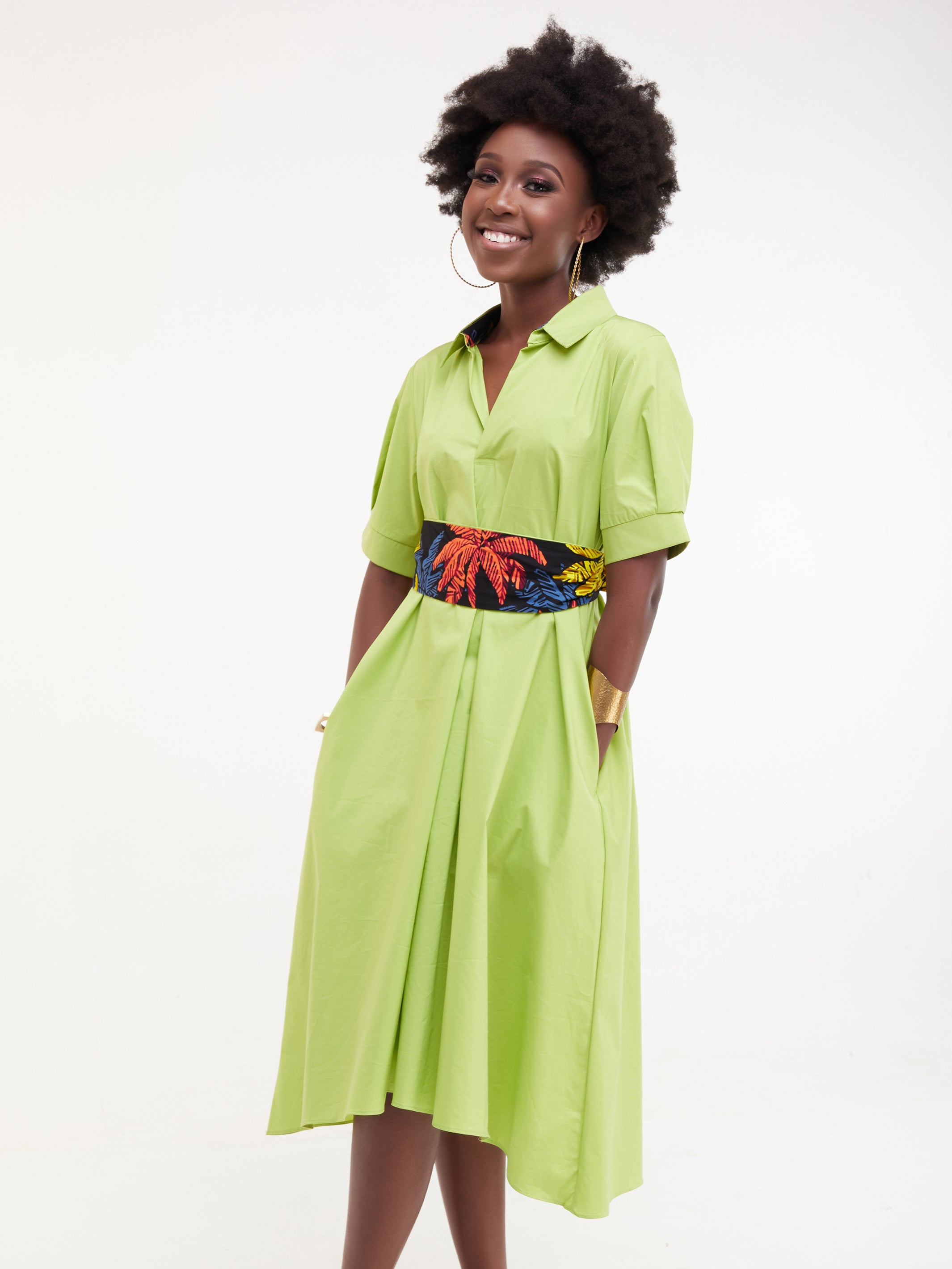 Safari Huru Short Sleeved Midi A-Line Dress - Lime Green