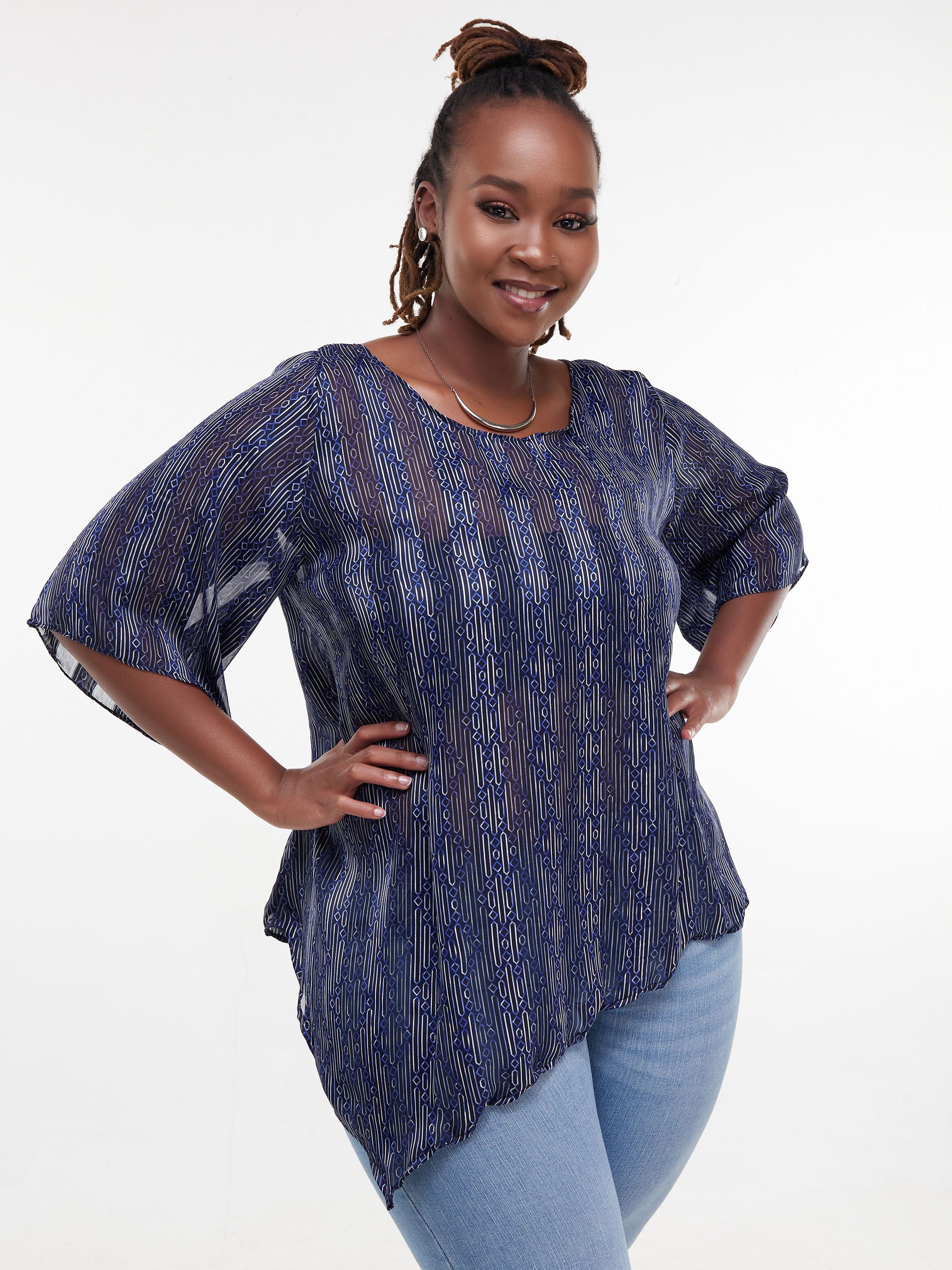 Vivo Sana Asymmetrical Angel Sleeve Top - Navy / White Print