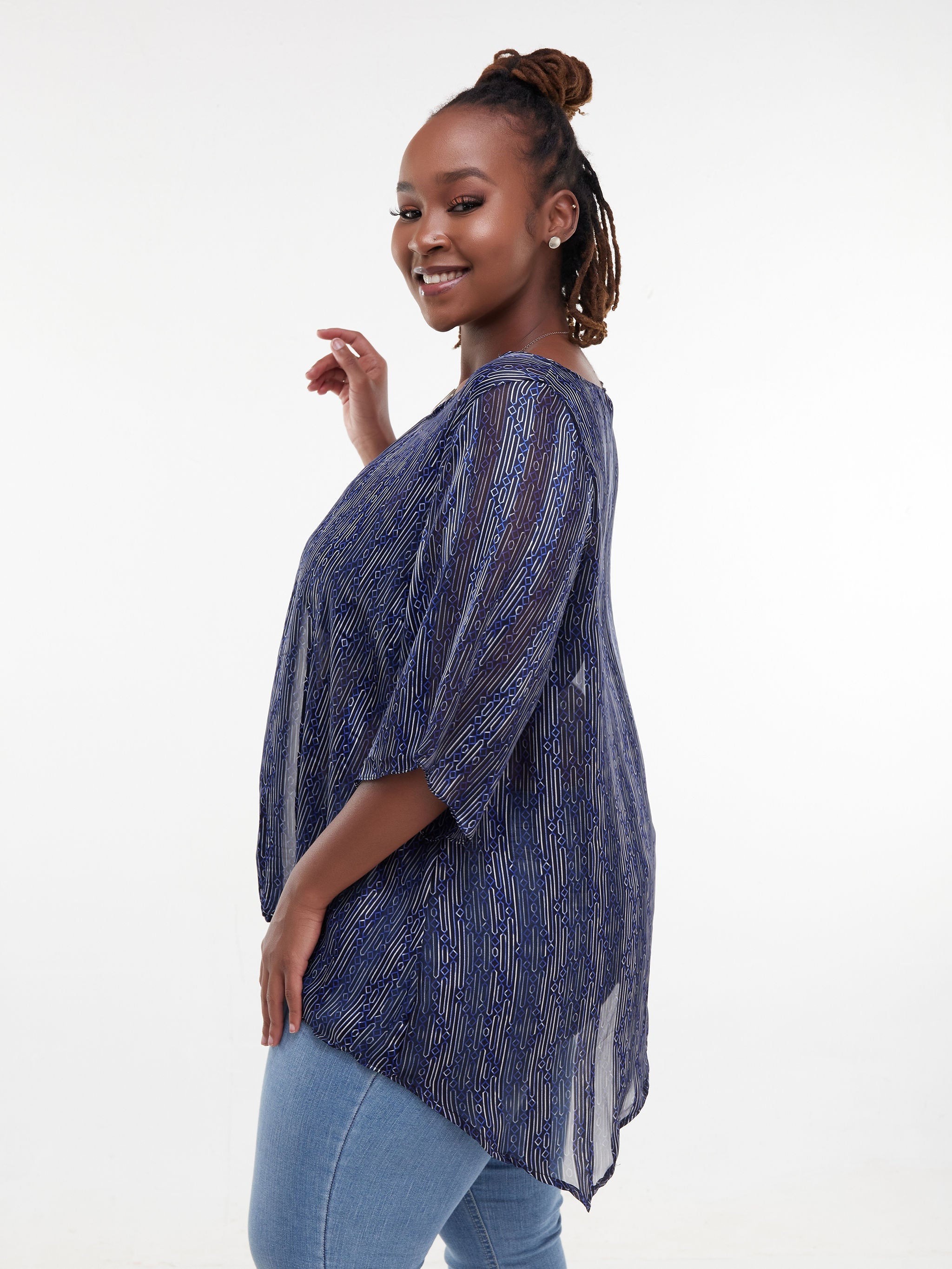 Vivo Sana Asymmetrical Angel Sleeve Top - Navy / White Print