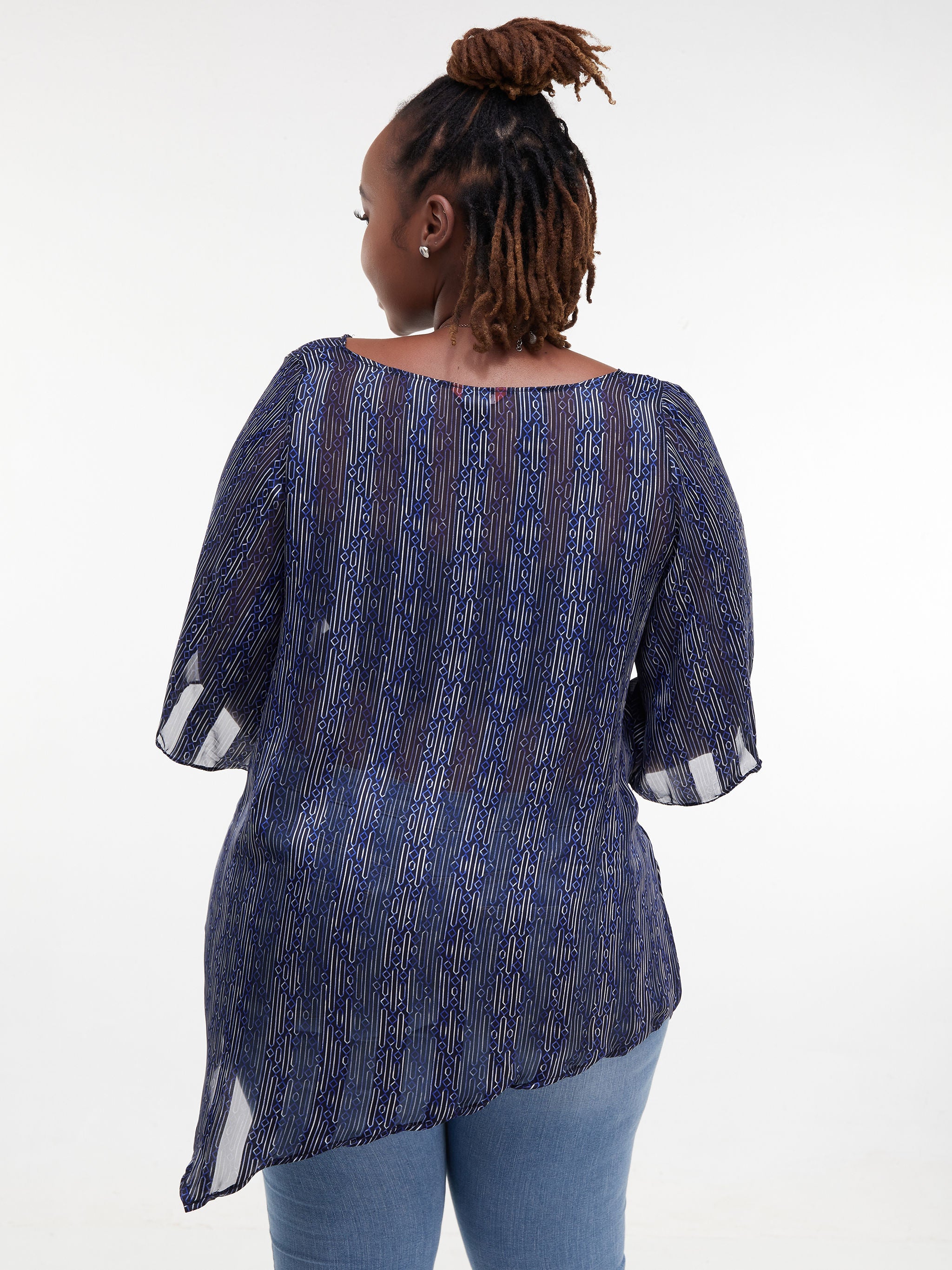 Vivo Sana Asymmetrical Angel Sleeve Top - Navy / White Print