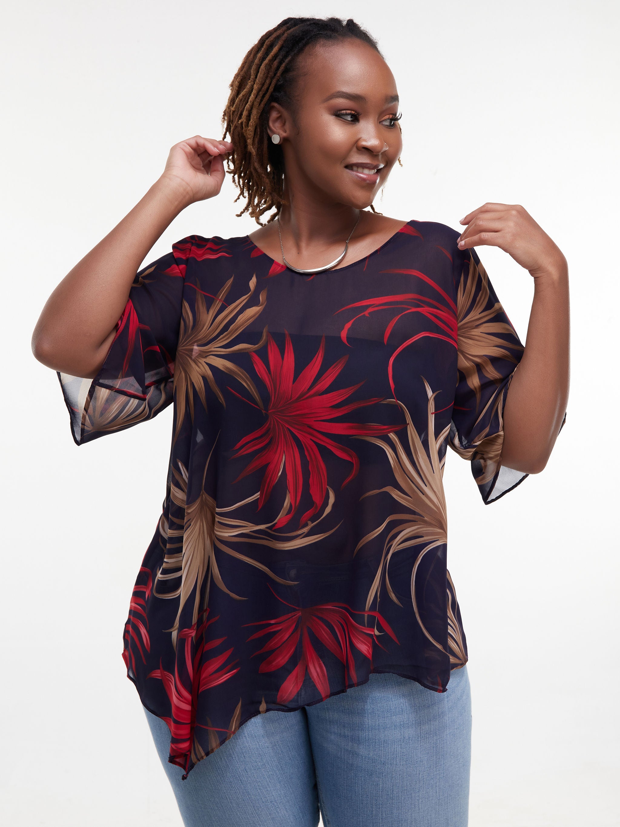 Vivo Sana Asymmetrical Angel Sleeve Top - Red / Brown Print