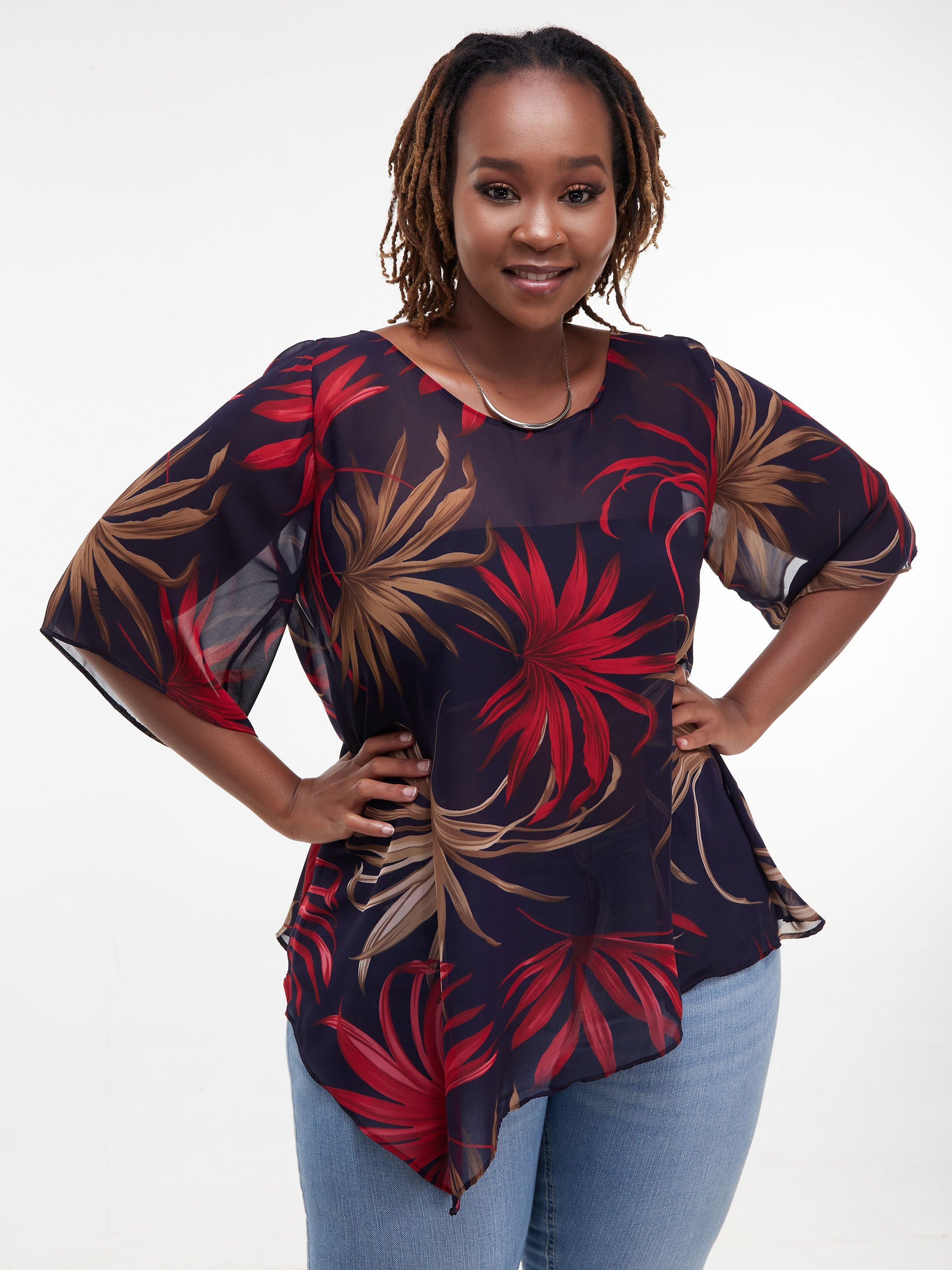 Vivo Sana Asymmetrical Angel Sleeve Top - Red / Brown Print
