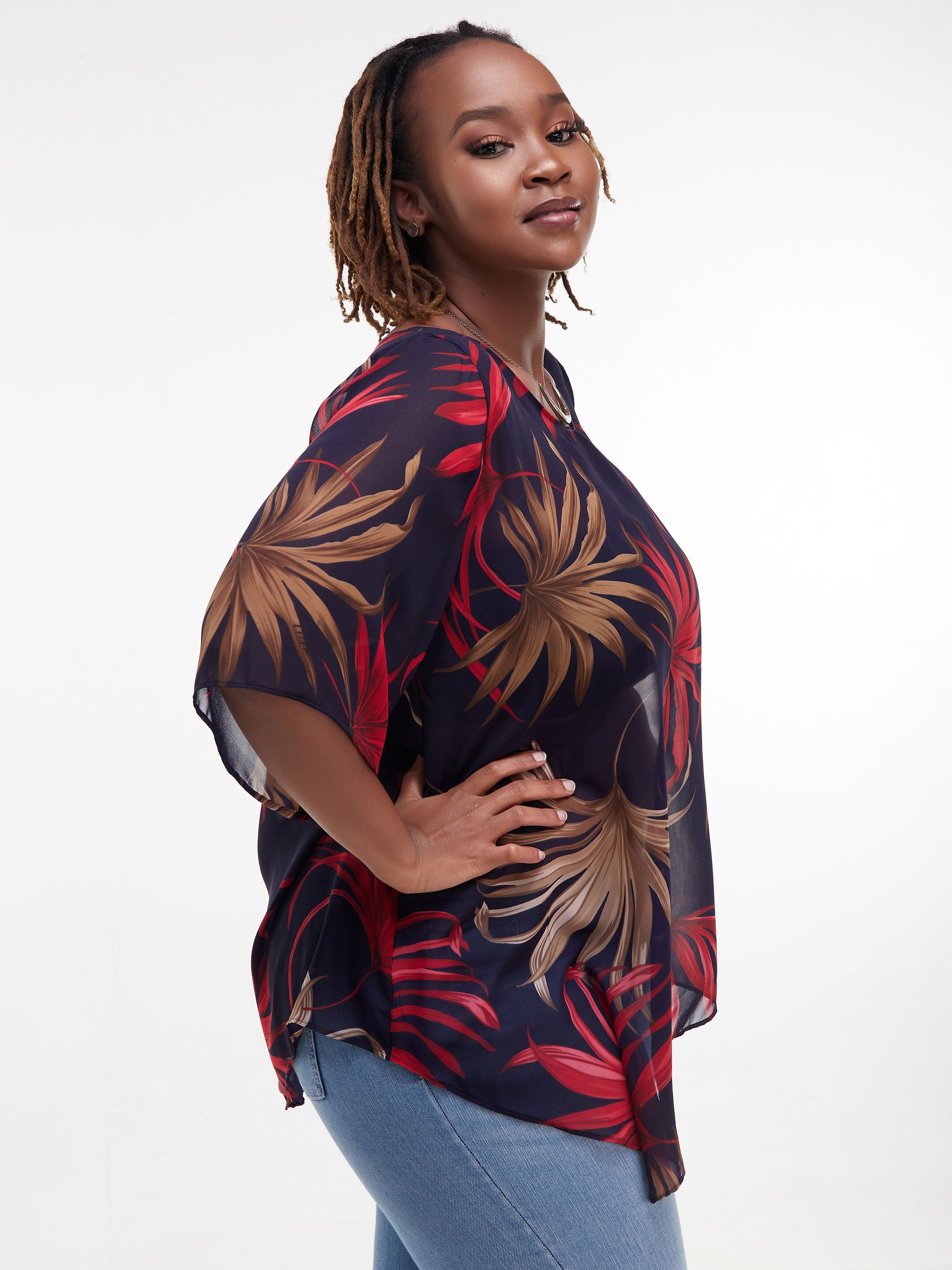 Vivo Sana Asymmetrical Angel Sleeve Top - Red / Brown Print