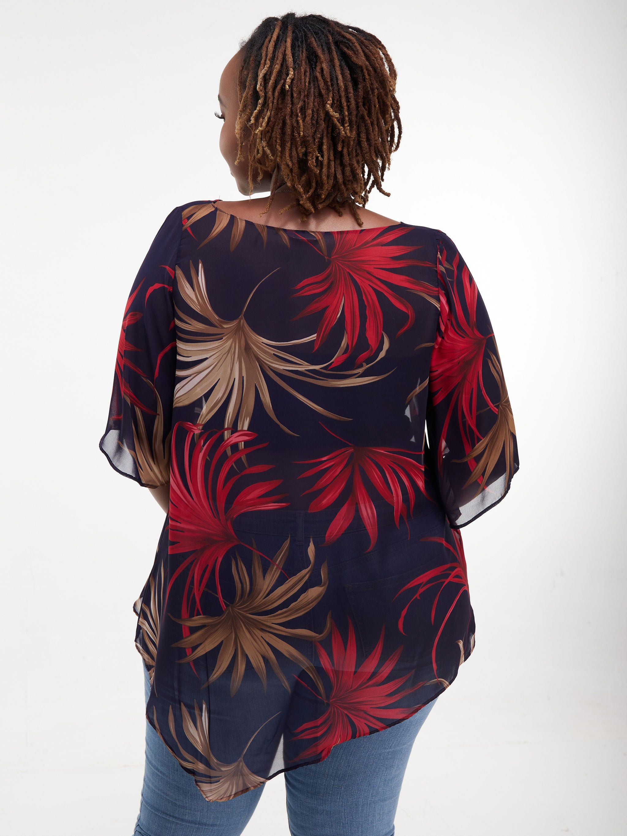 Vivo Sana Asymmetrical Angel Sleeve Top - Red / Brown Print