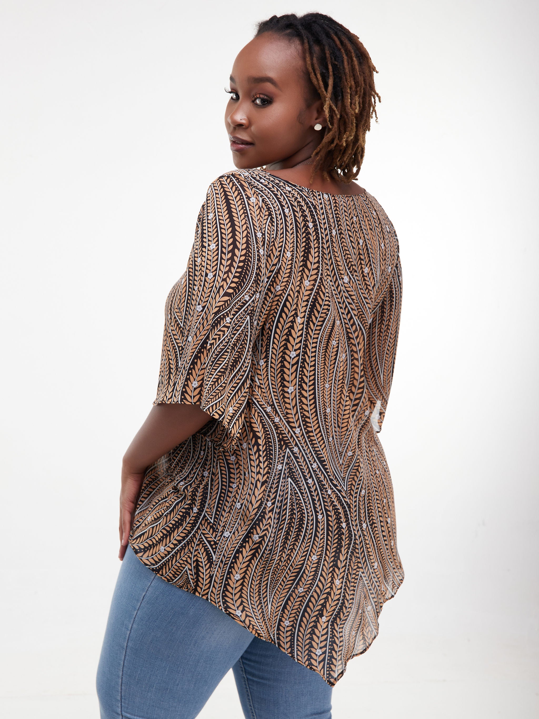 Vivo Sana Asymmetrical Angel Sleeve Top - Black / Orange Print