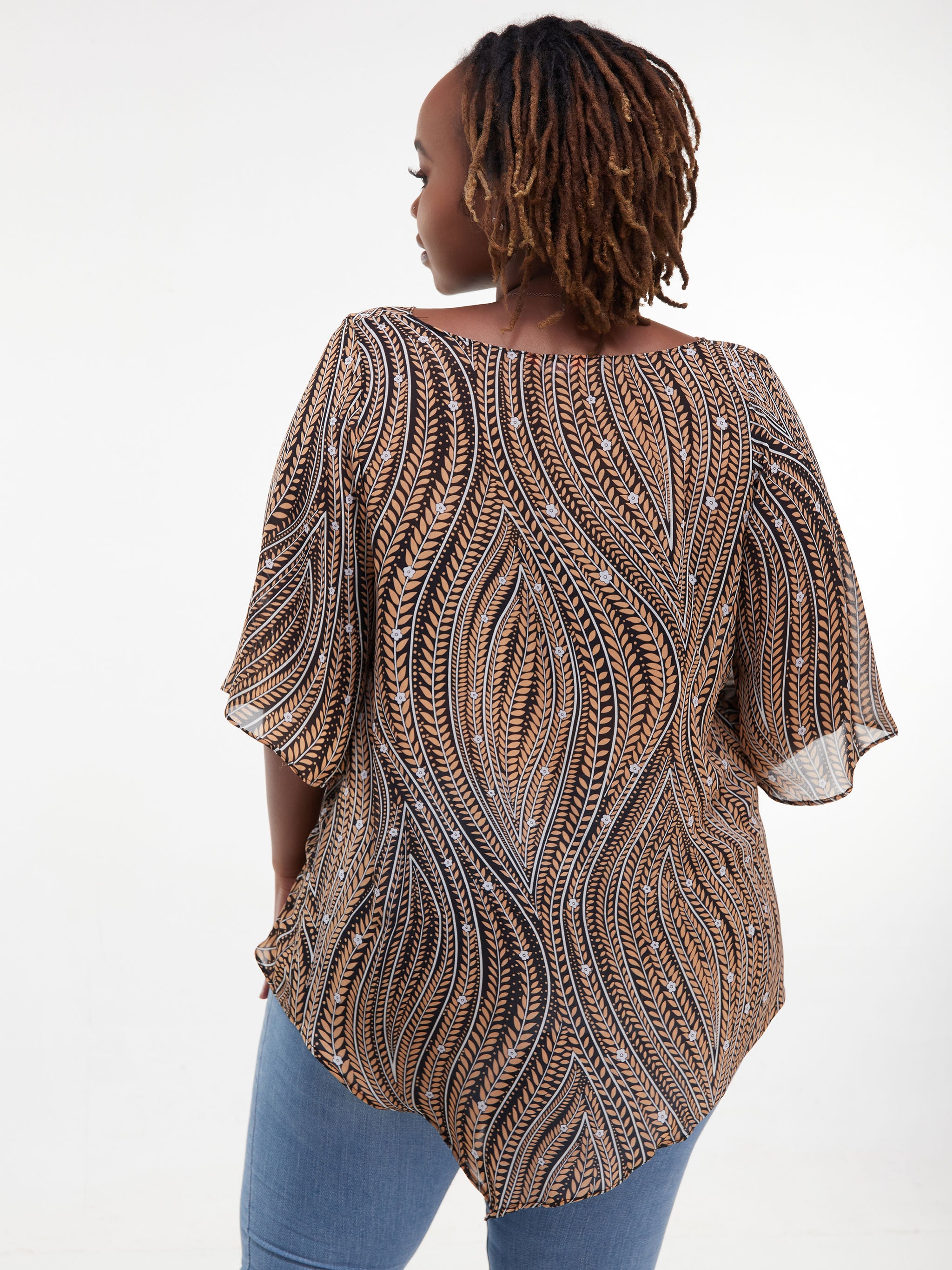 Vivo Sana Asymmetrical Angel Sleeve Top - Black / Orange Print