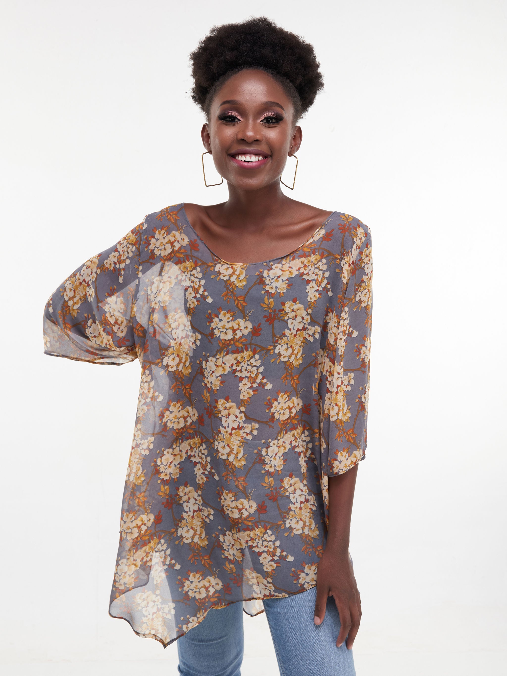 Vivo Sana Asymmetrical Angel Sleeve Top - Brown / Grey Print