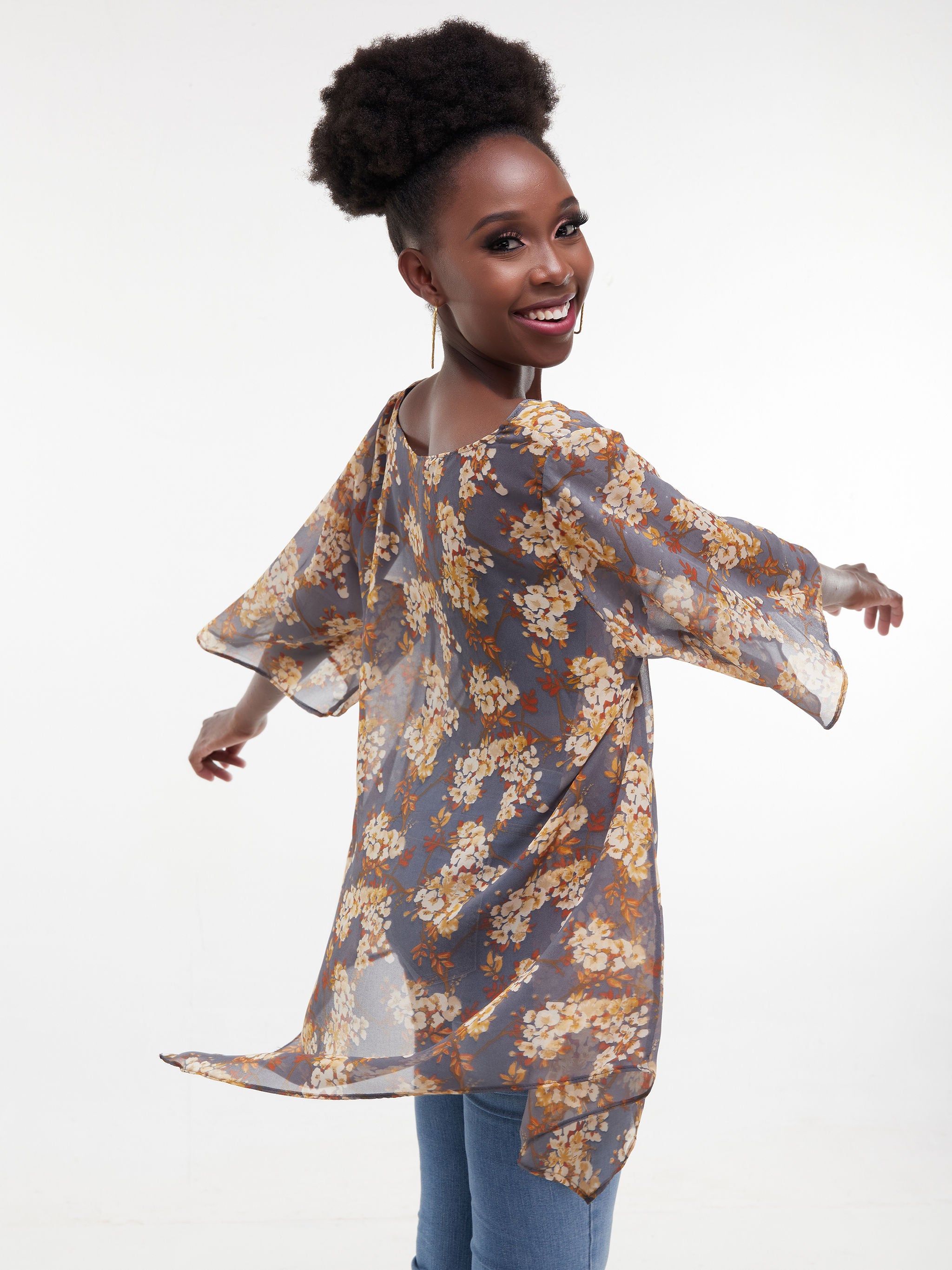 Vivo Sana Asymmetrical Angel Sleeve Top - Brown / Grey Print