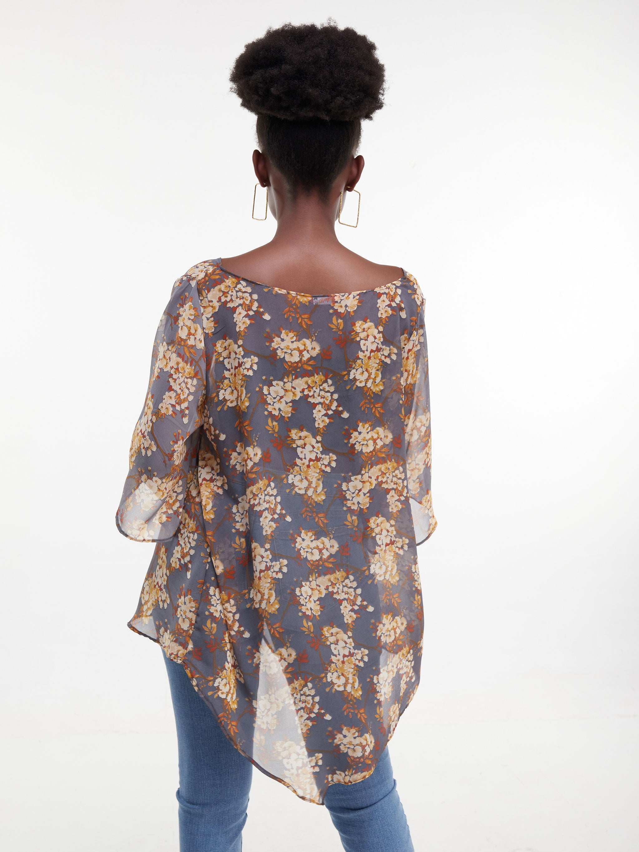 Vivo Sana Asymmetrical Angel Sleeve Top - Brown / Grey Print