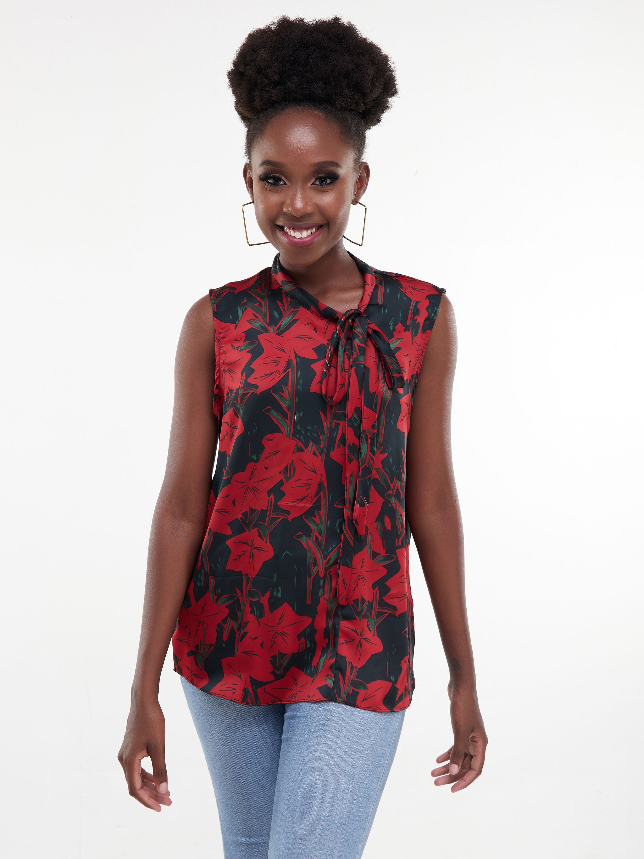 Vivo Bissa Sleeveless Side Bow Top - Red/Black Print
