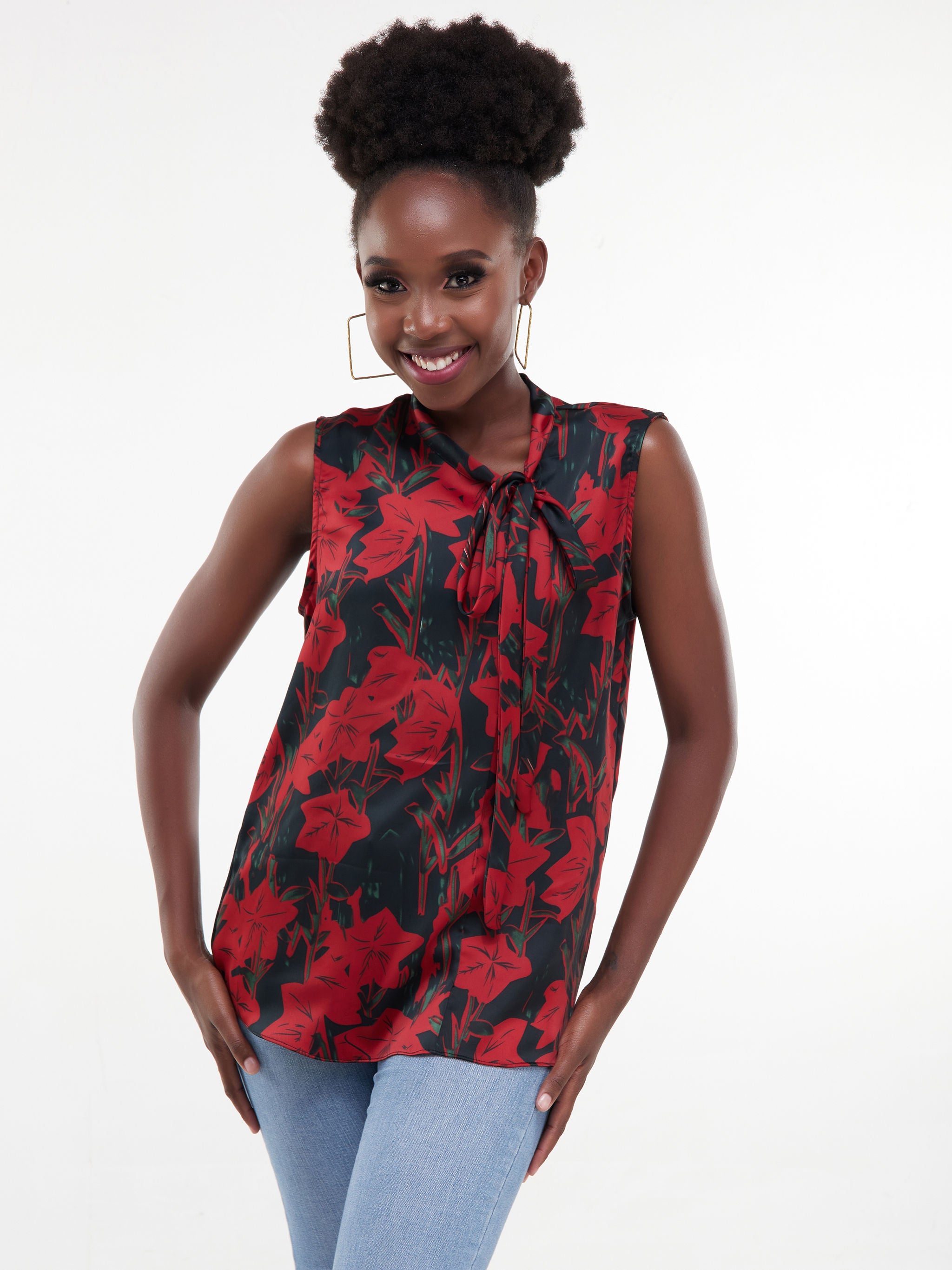 Vivo Bissa Sleeveless Side Bow Top - Red/Black Print