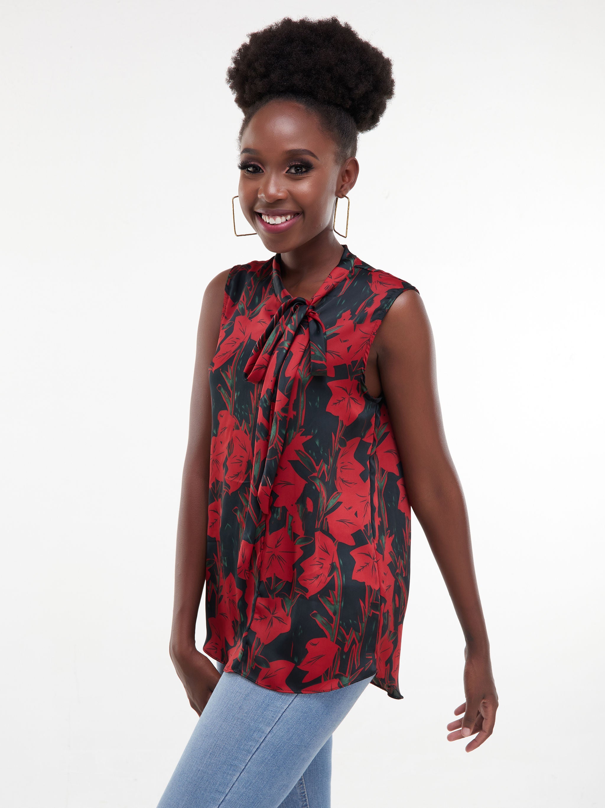 Vivo Bissa Sleeveless Side Bow Top - Red/Black Print