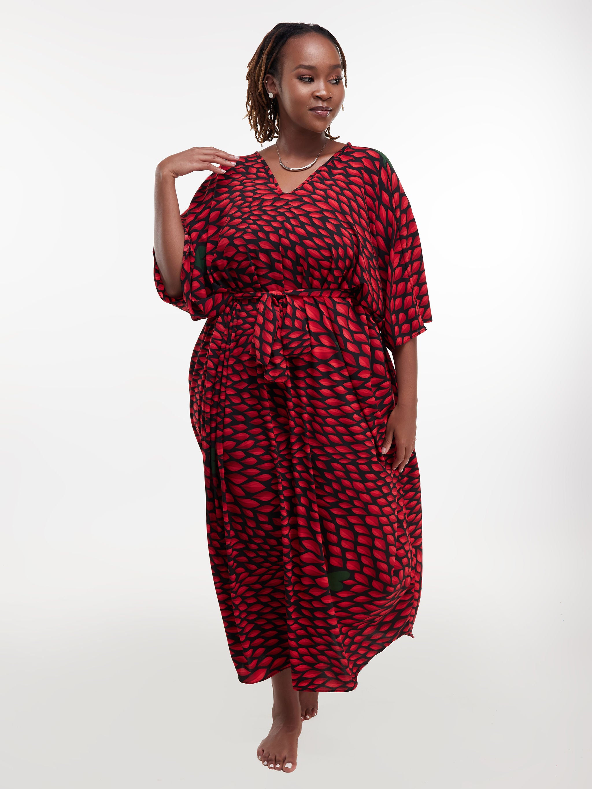 Safari Maisha Dolman Maxi Kaftan - Red Leaf Print