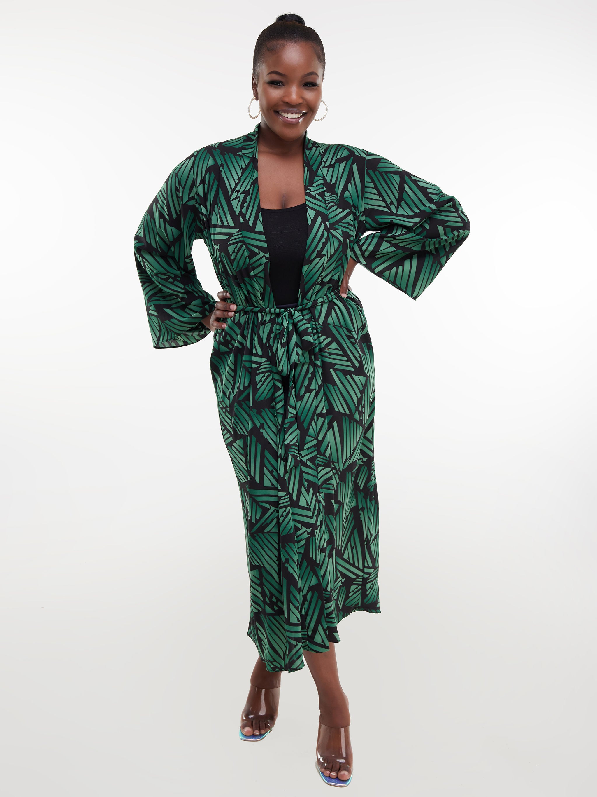 Safari Maisha Long Sleeved Kimono - Black / Green Print